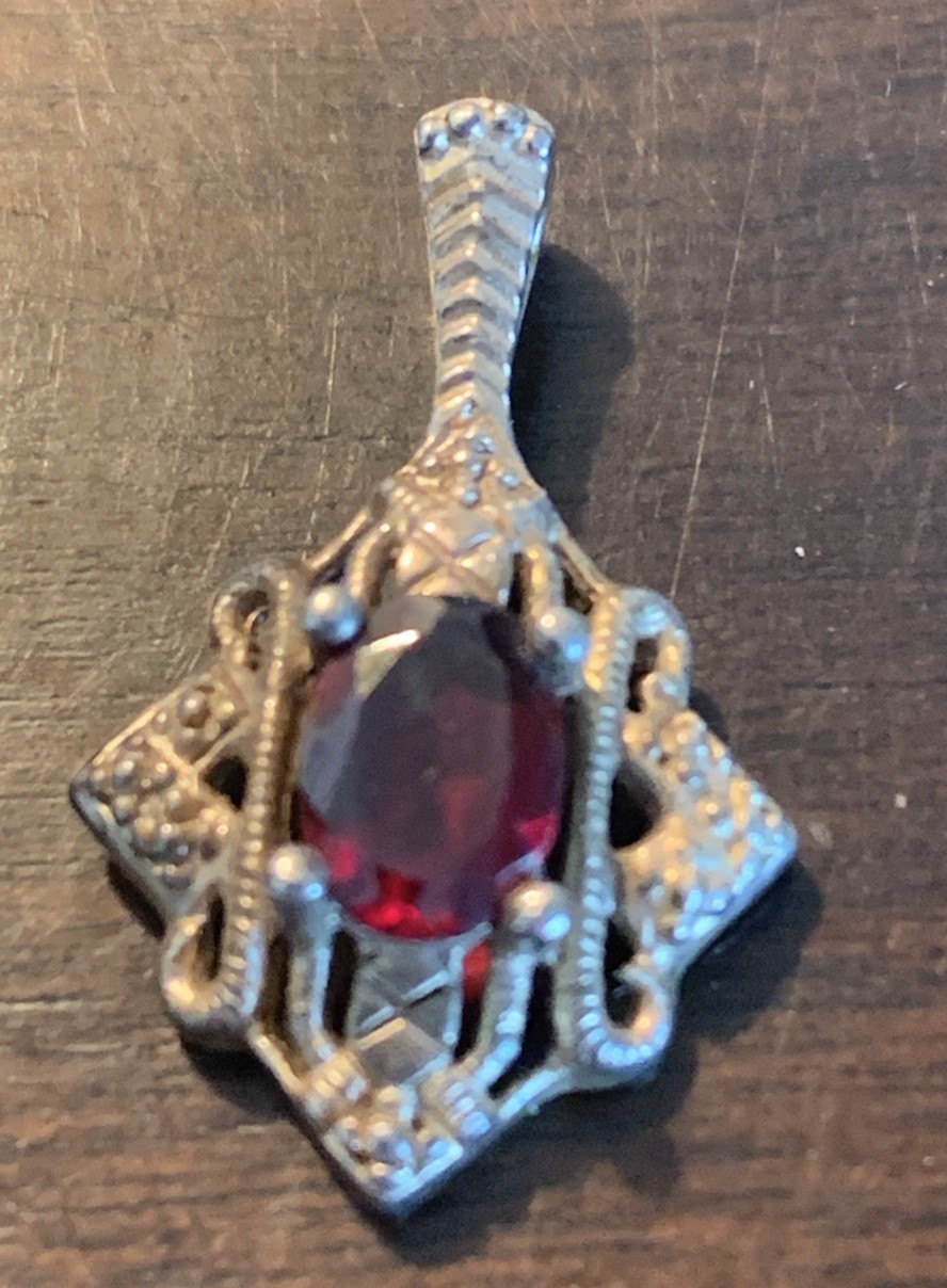 Vintage Avon .925 Sterling Pendant with Garnet Center Stone about 1 Inch