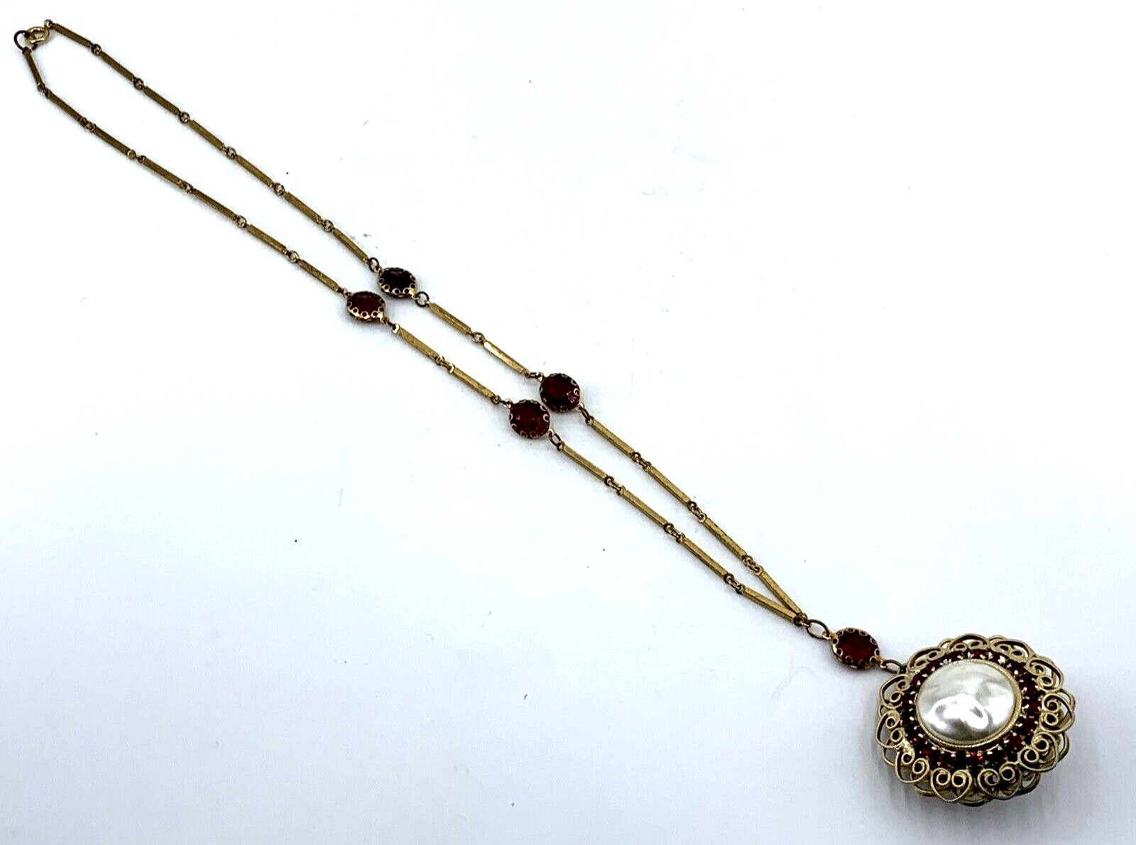 Statement Necklace Medallion Faux Baroque Pearl Red Glass Gold Tone 26″ Vtg