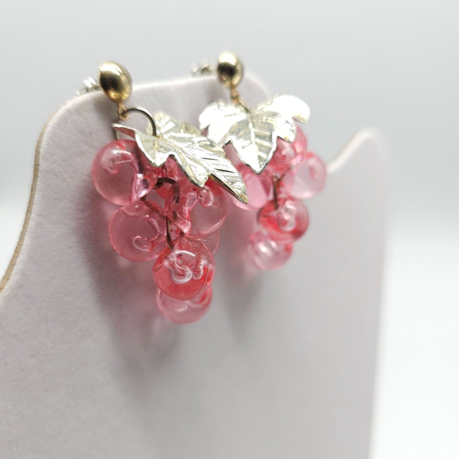 Vintage Silver Tone Grape Cluster Earrings With Pink Acrylic Beads