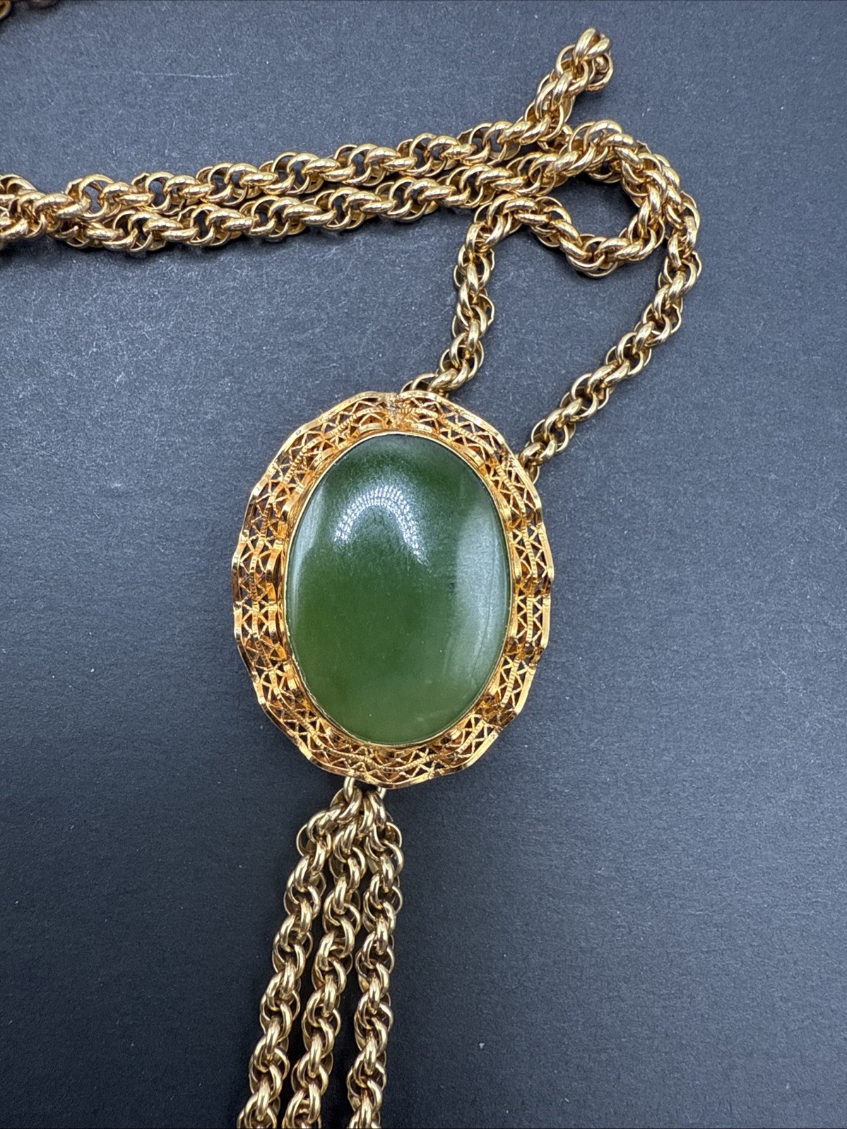 Vintage 1/20 12k Gold Filled Filigree Jade Slide Tassel Pendant Necklace 25g J13