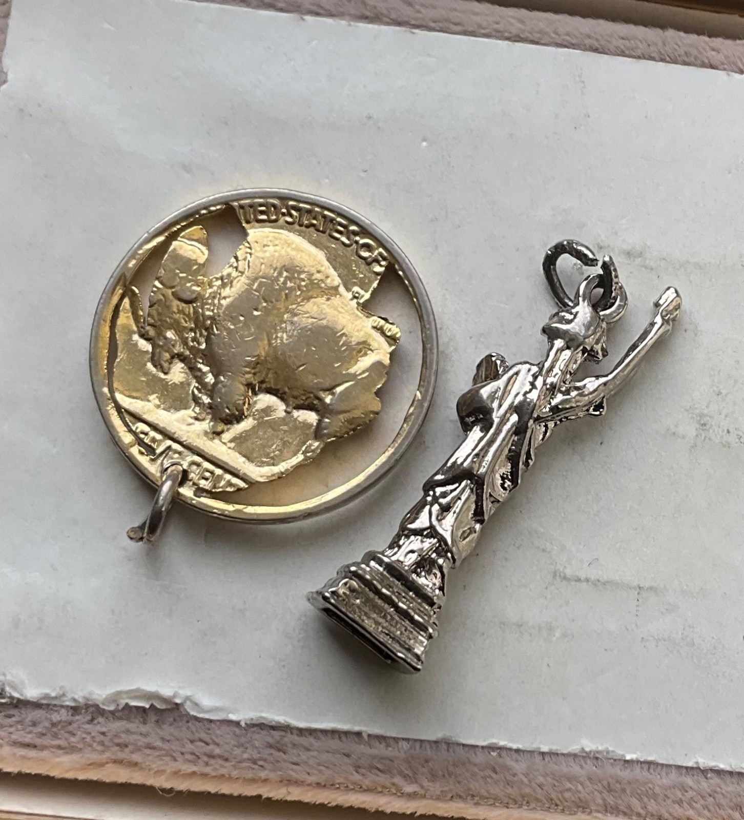 Vintage BUFFALO HEAD NICKEL Coin 1936 Silhouette STATE LIBERTY Charms Plated