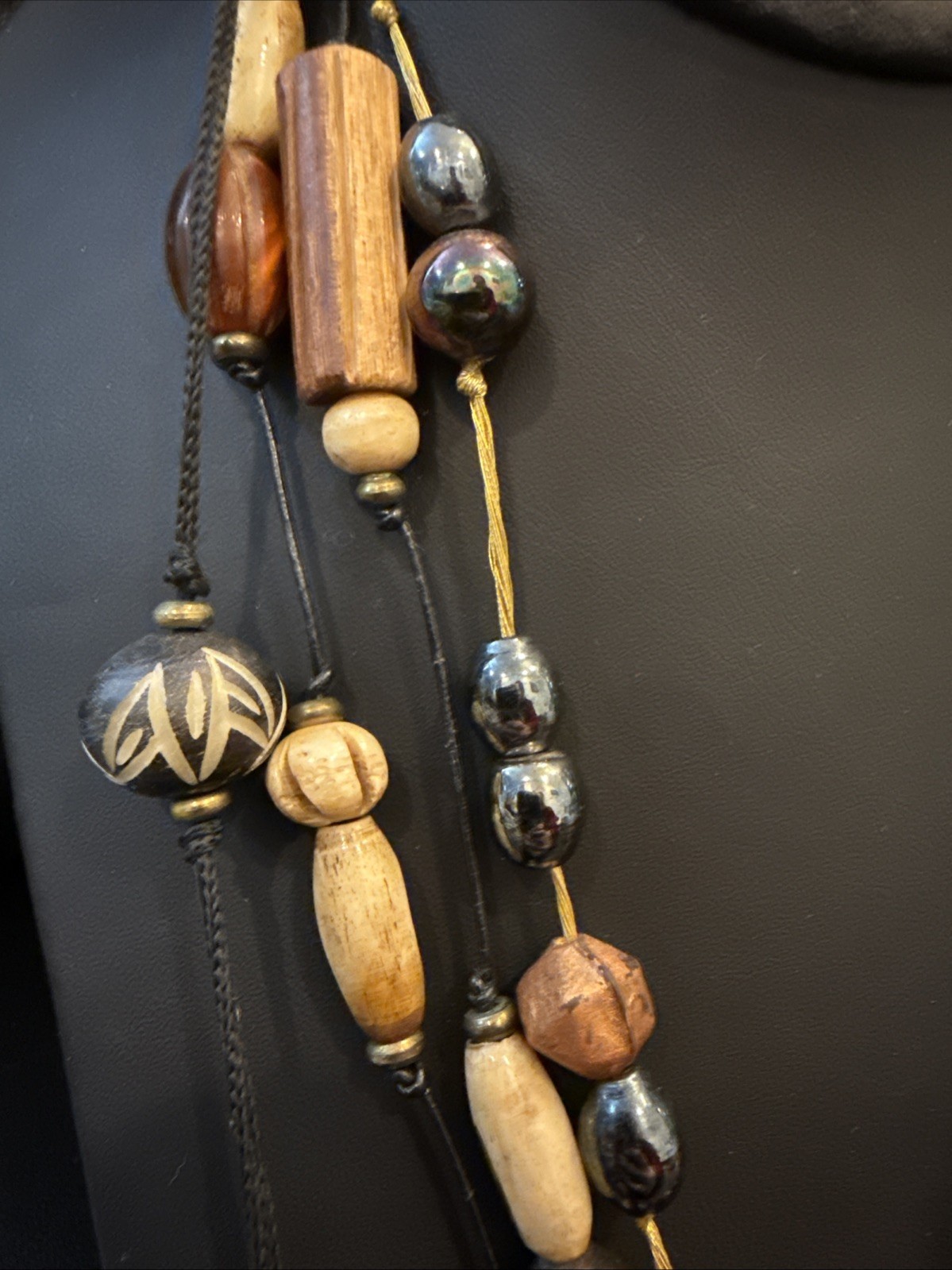 Vintage Multi Strand Carved Wood/ceramic Bead Boho Ornate Necklace Avant Garde