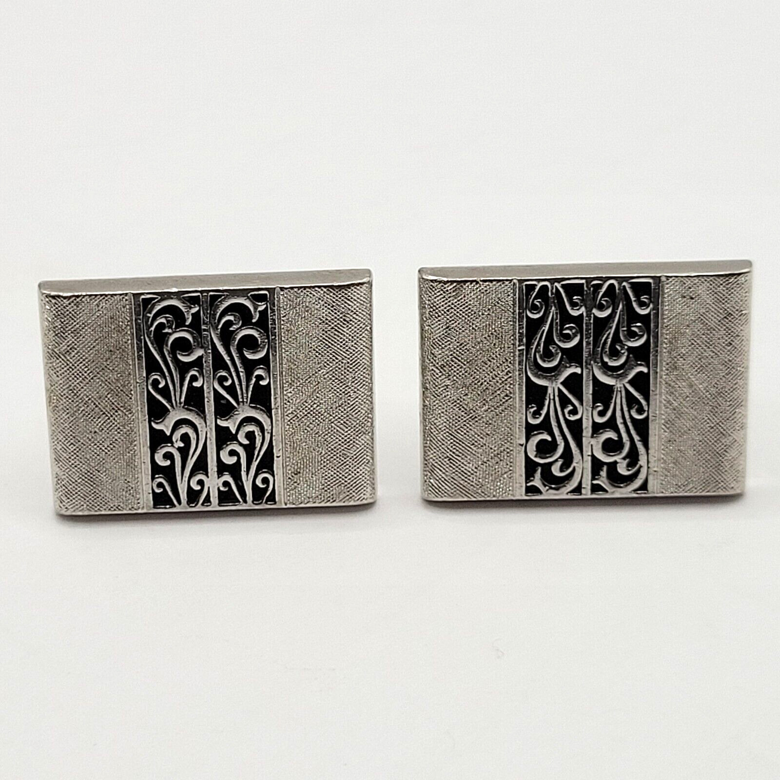 SWANK Vintage 1970 to 80s Silver Tone Textured Finish Filigree Center Cufflinks