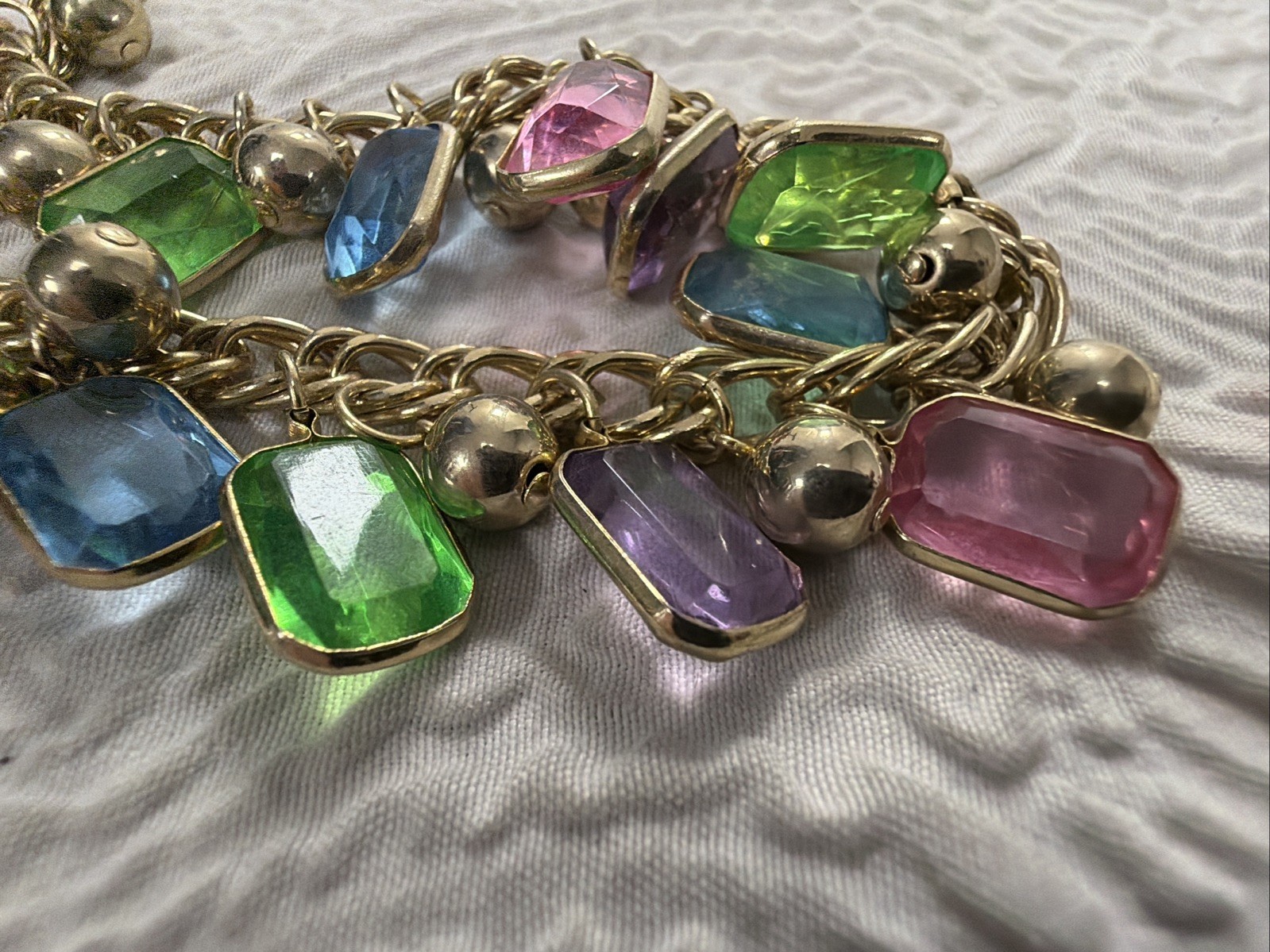 Vintage Gold Plated Multi Color Bezel Set Crystal & Gold Spacer 18” Necklace