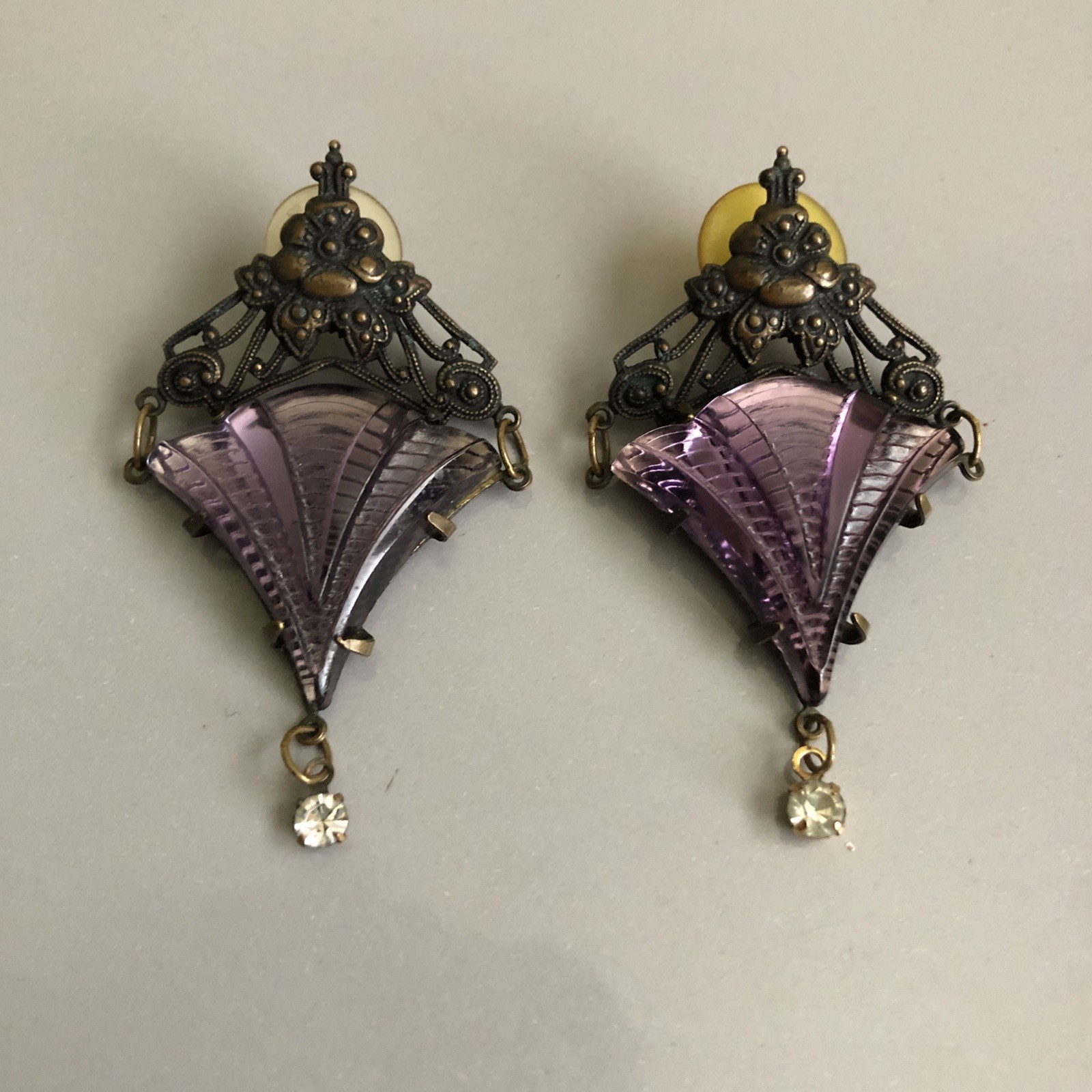 Vintage Glass Works Studio GWS Purple Glass Earrings Victorian Gothic Style 90s