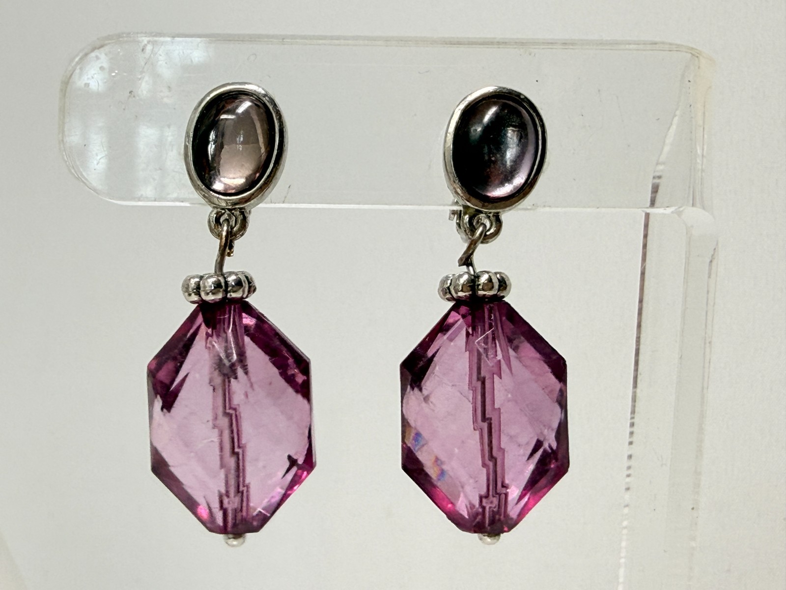 Purple Cabochon Acrylic Crystal Silver Tone 1.5″ Drop Dangle Clip on Earrings