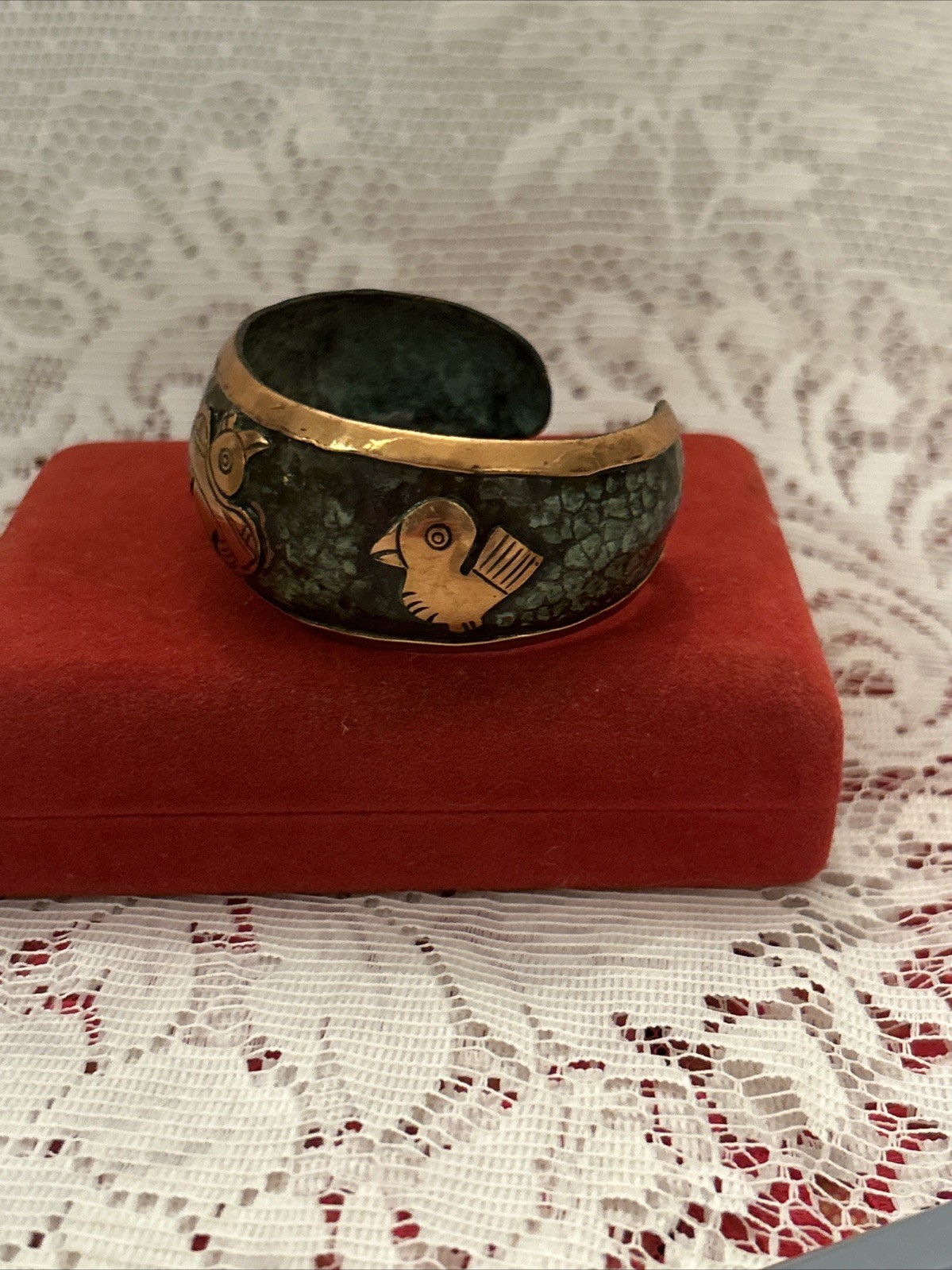 Vintage Copper & Enamel Story Cuff Bracelet With Birds~Safety Clasp