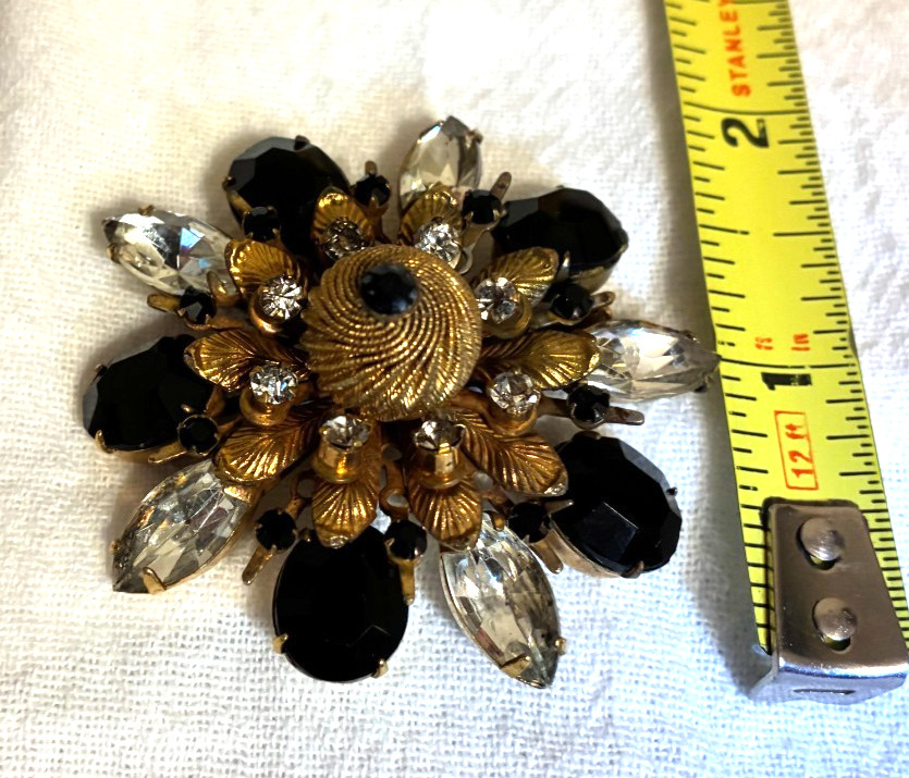 Antique Black Clear Rhinestone Facet Pin Brooch Dimensional Starburst Statement