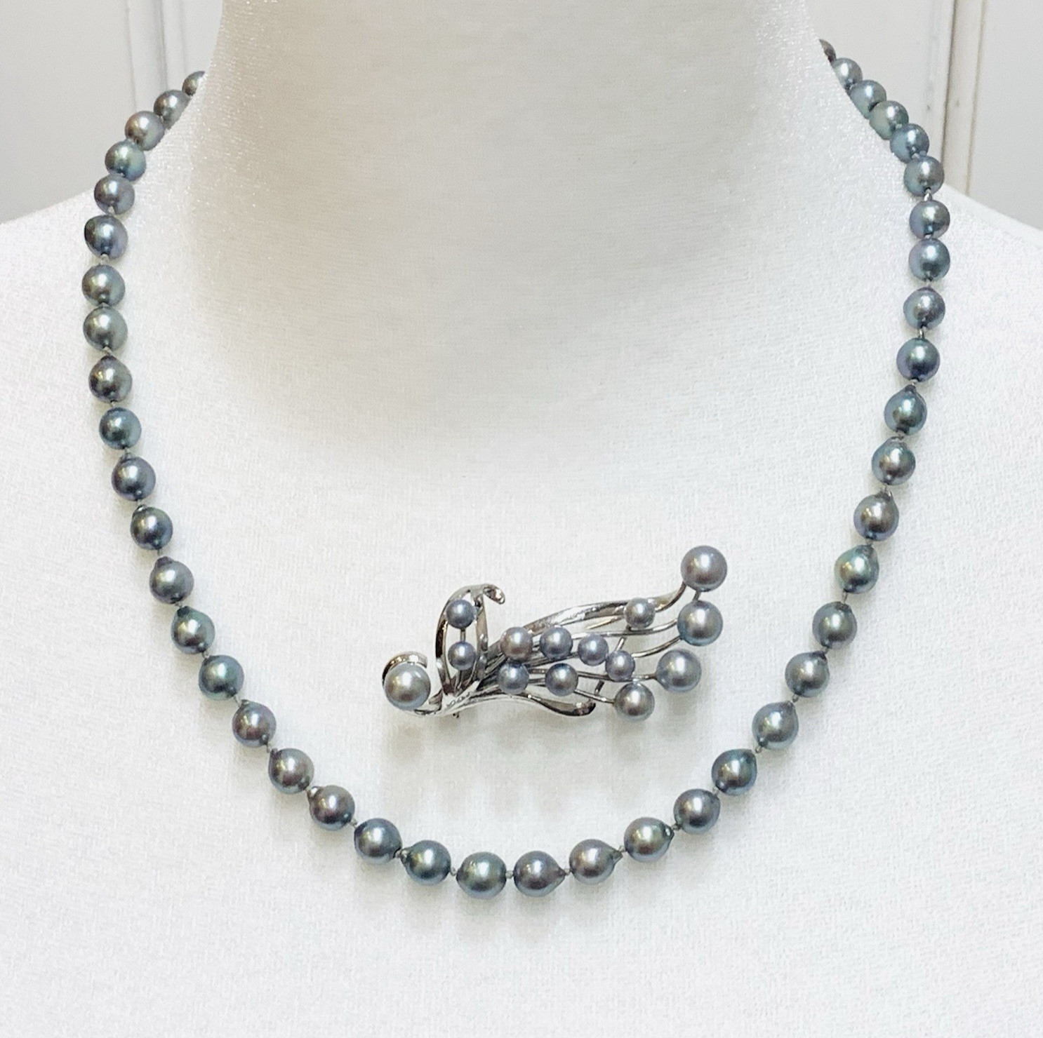 VTG BLUE AKOYA PEARL Necklace SET 10k WG 7mm Baroque Saltwater Pin 3″ SILVER 19″