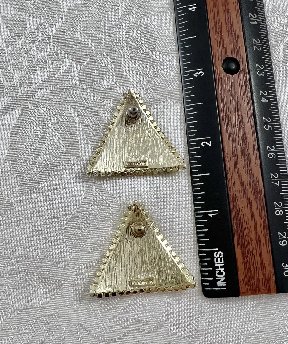 Vintage Signed Don Lin Pierced Earrings Triangular Enamel Orange Cream Gold Tone
