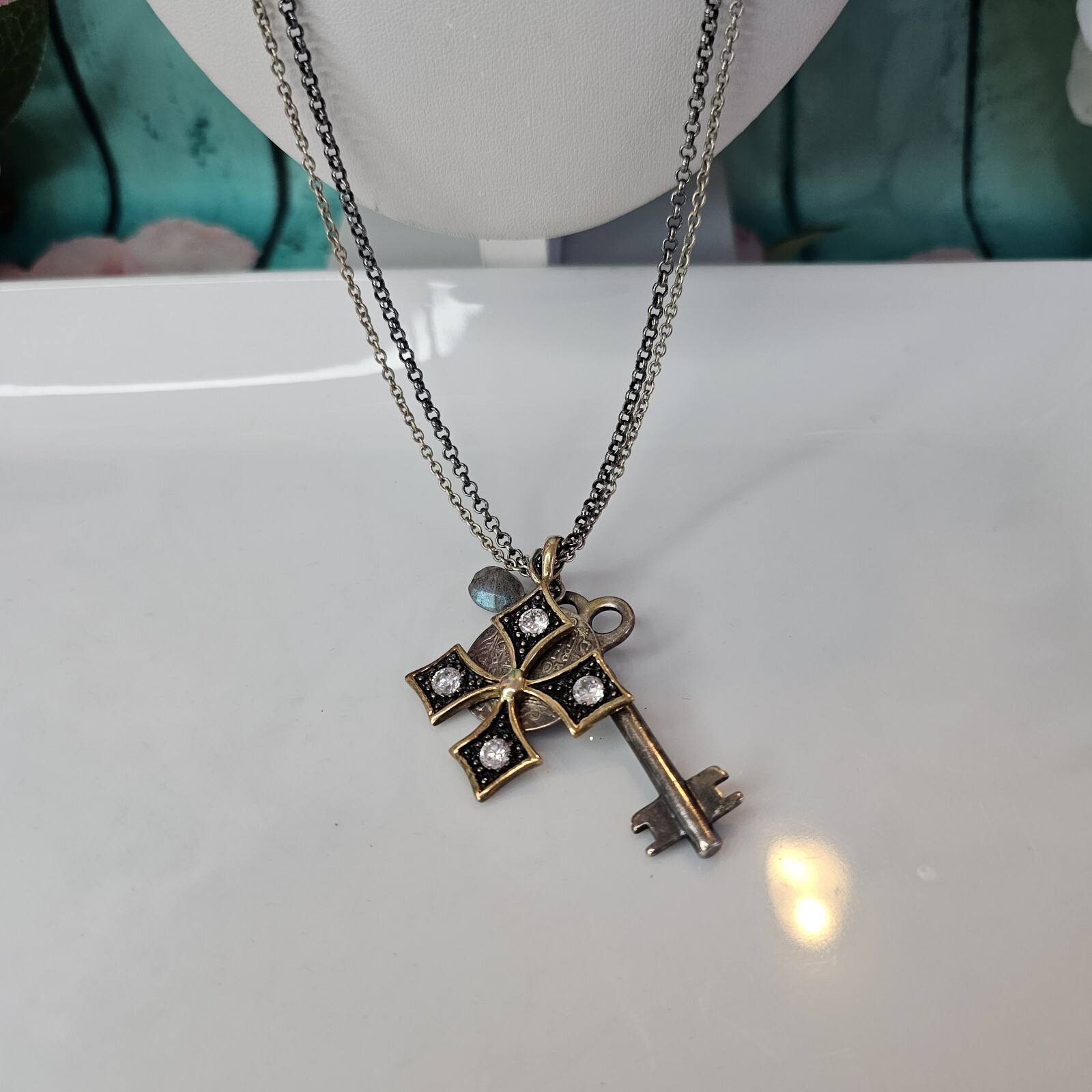 STELLA & DOT Silver Tone Key Cross Charm Pendant Long Chain Necklace
