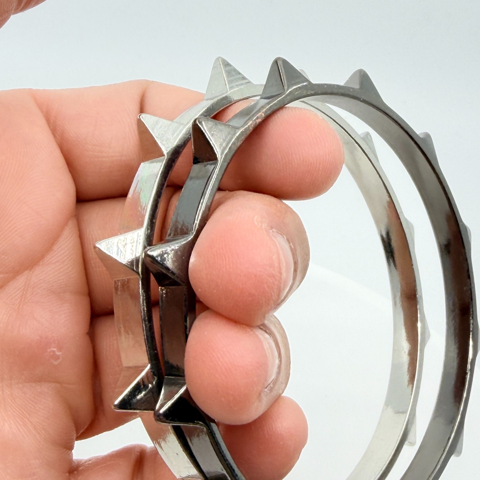 VTG Punk Spiked Bangle Bracelets 2 pc Silver Tone Gunmetal Metal Moto Goth Edge