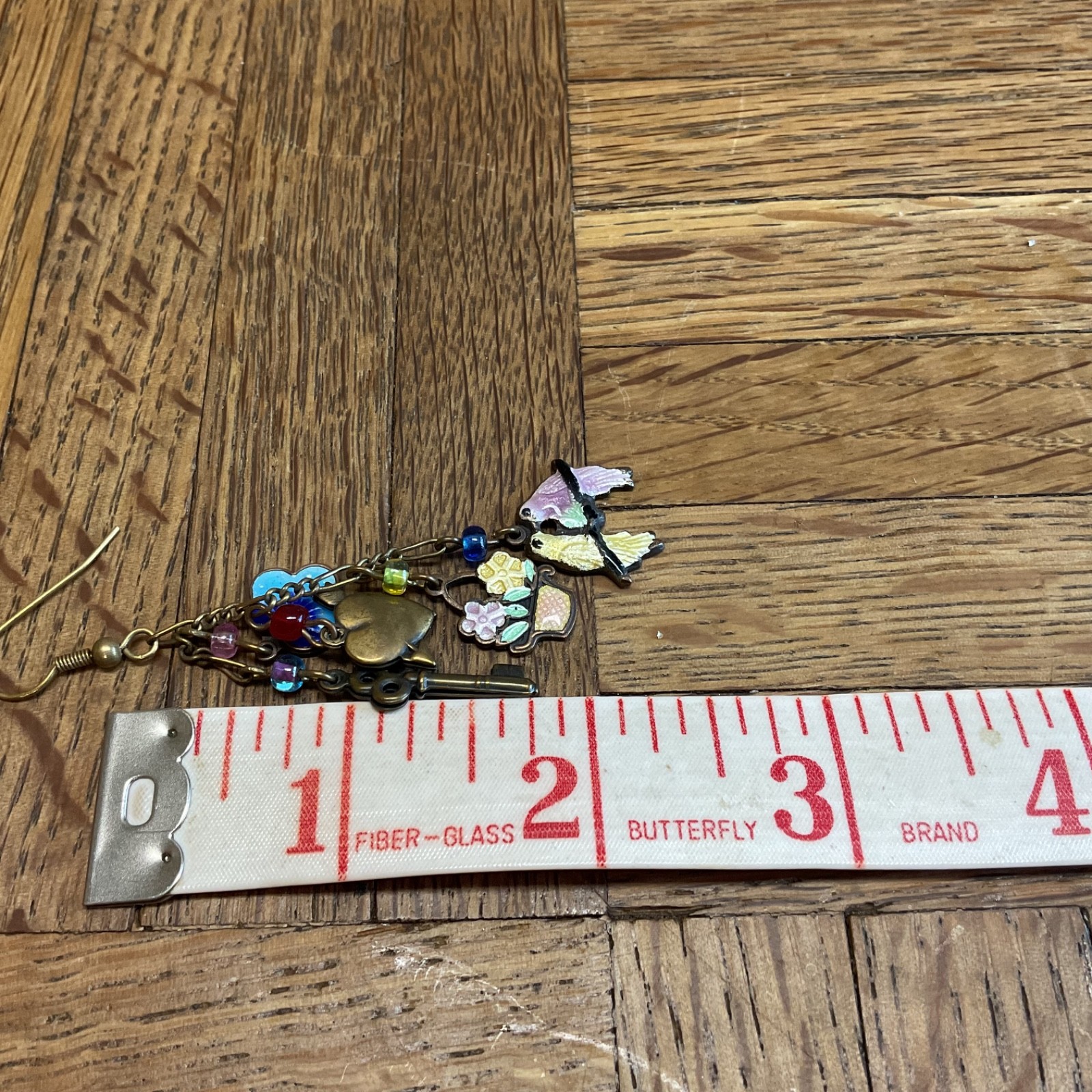 Vintage Glass Works Studio Asymmetrical Charm Earrings Birds Keys Hearts
