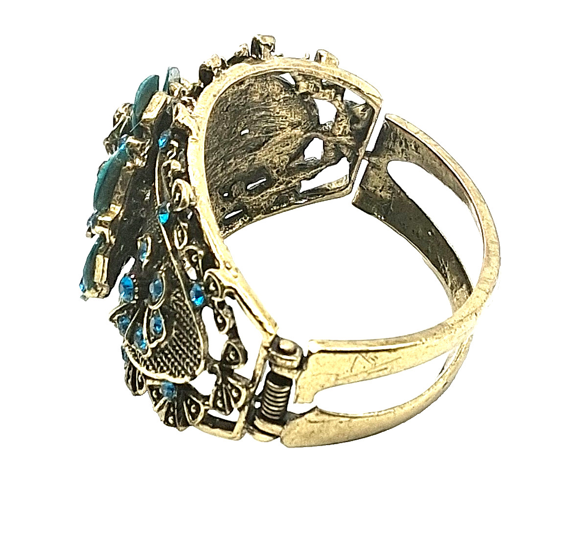 Victorian Style Filigree Cuff Bracelet Wide Blue Rhinestone Faux Turquoise