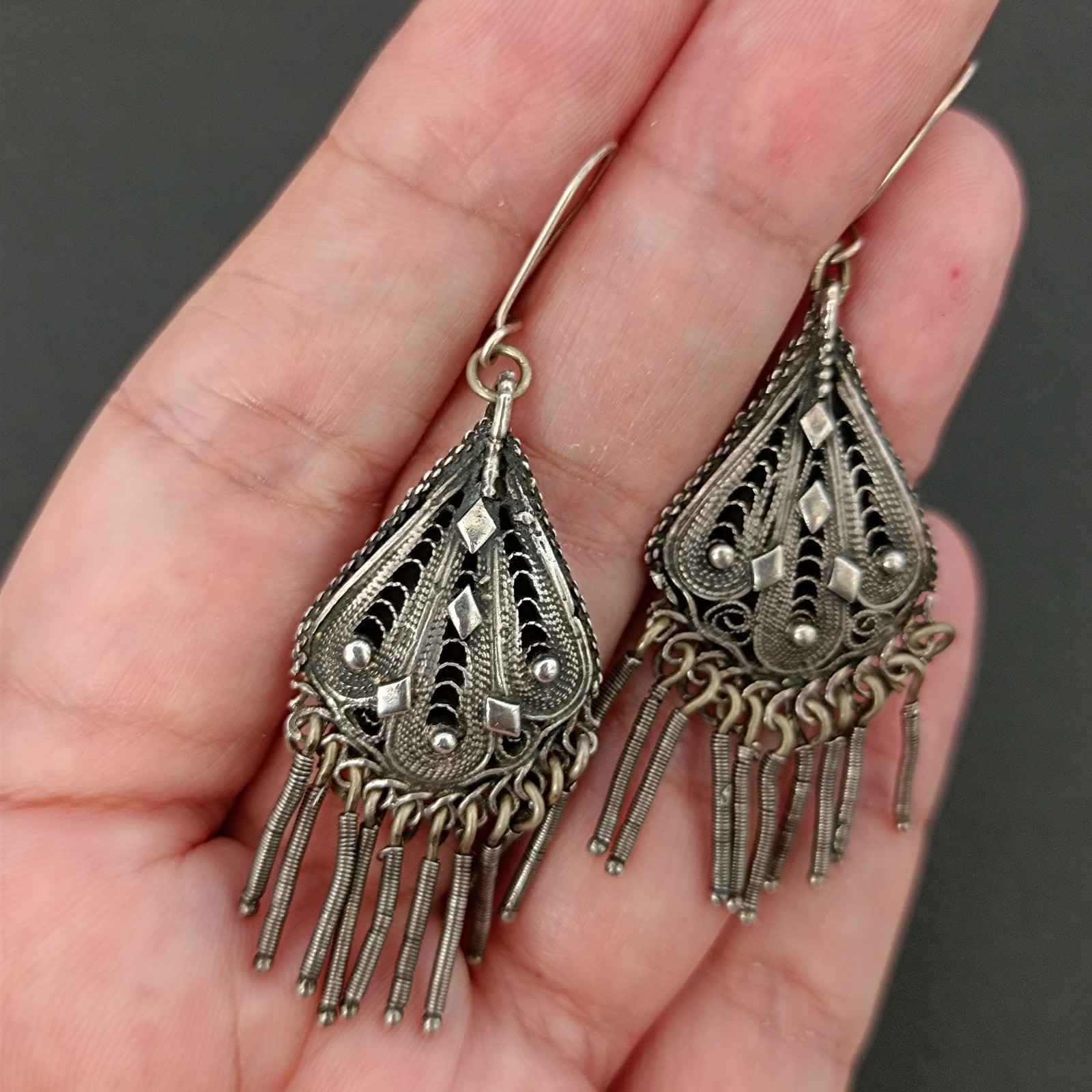 VTG Stanetzky Earrings Israel Sterling Silver Filigree Yemenite Chandelier Boho
