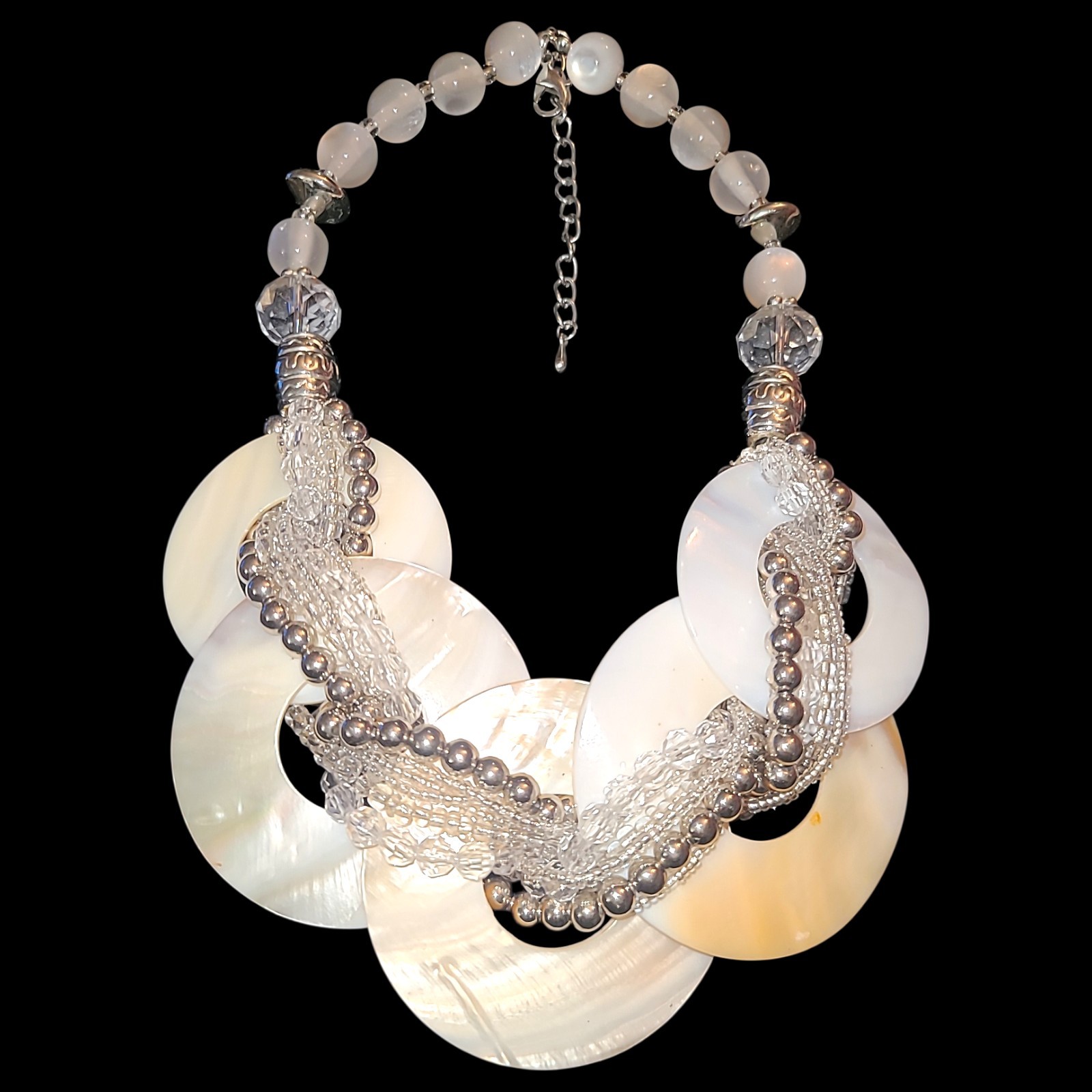 Shell Disc Statement Necklace Mother of Pearl Acrylic Beads Silver Tone 16-18in