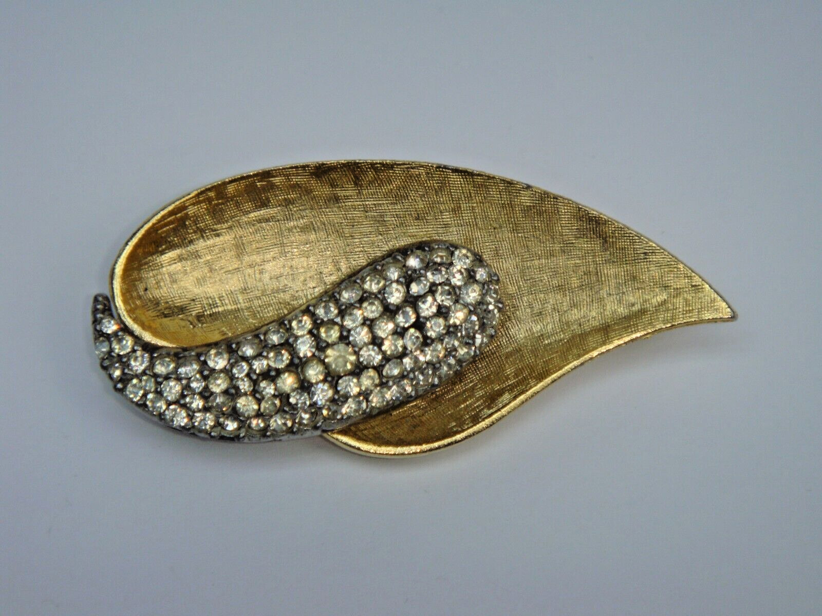 Leaf Pin-Brooch Brushed Yellow Gold-Tone with Crystal Rhinestones Signed B.S.K.