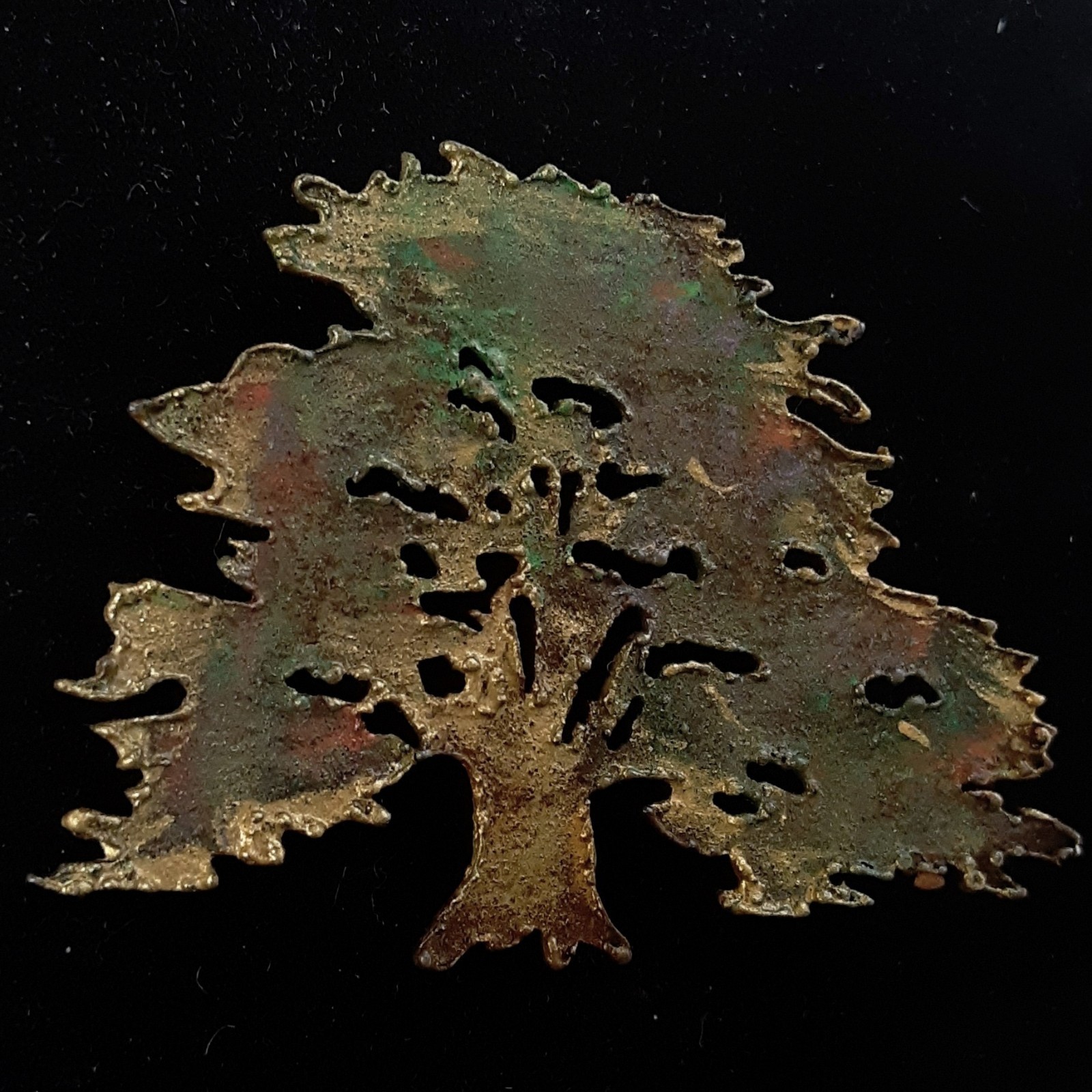 Handmade Cut Metal Tree Art FALL COLORS Brooch Pin 2″ x 1-1/2″ Artisan HandCraft