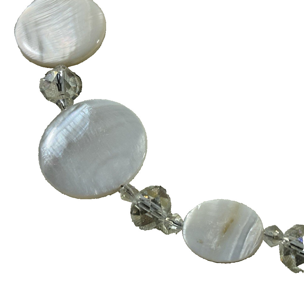 Mother of Pearl Abalone Necklace White Double Strand w/ Clear Glass Beads Chic