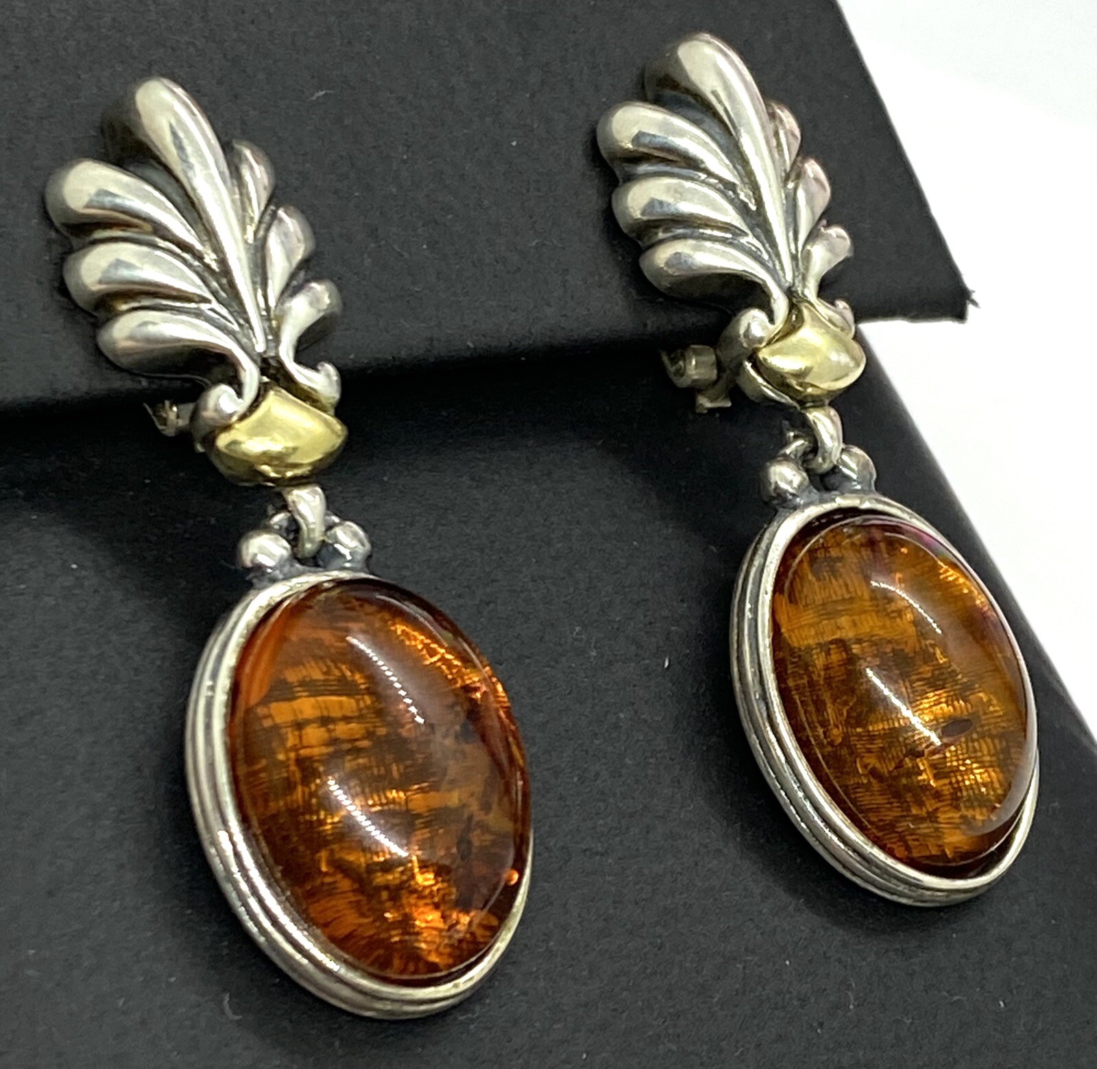 Vintage Italy Signed M Sterling Silver Amber Clip On Earrings 14.03g