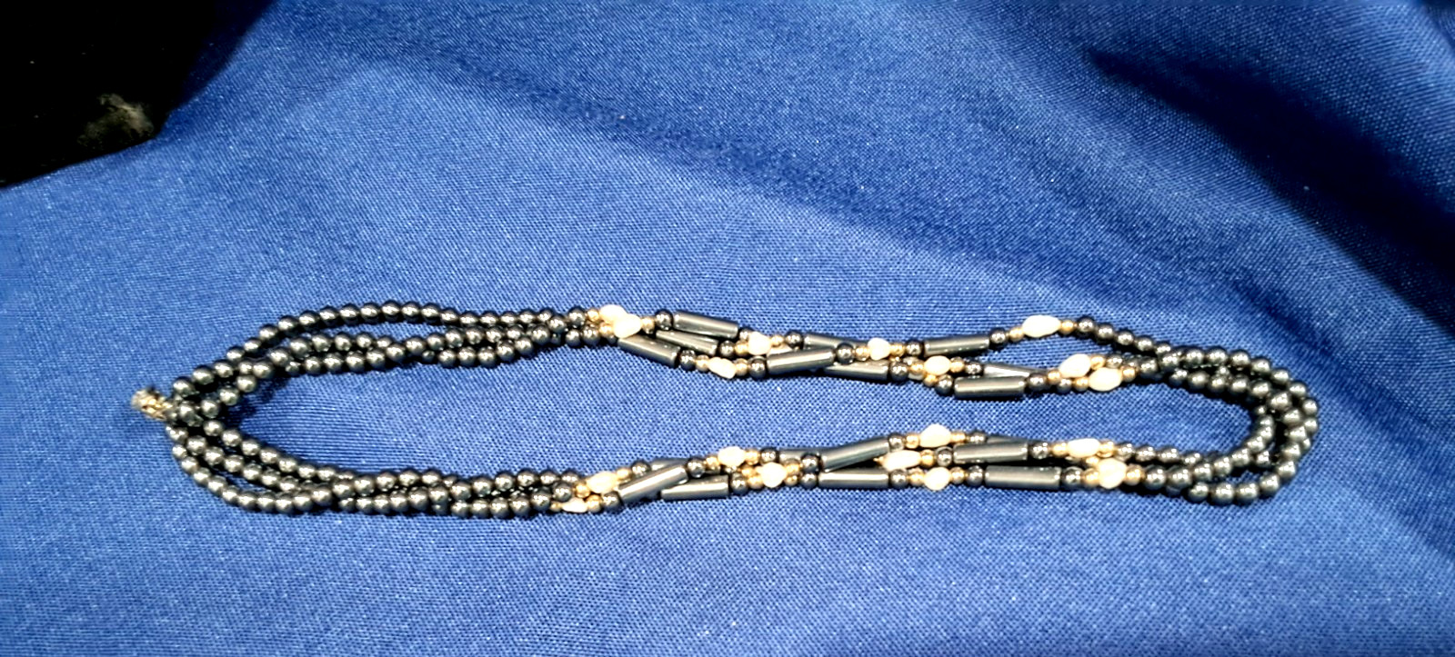 Obsidian Bead three strand necklace with Freshwater Pearls & goldtone Beads 18″