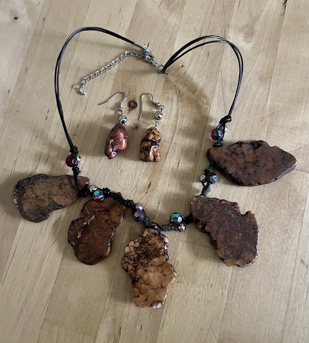 Brutalist Gemstone Necklace Chunky Slab Multi Charm Matching Earrings 18-21” Adj