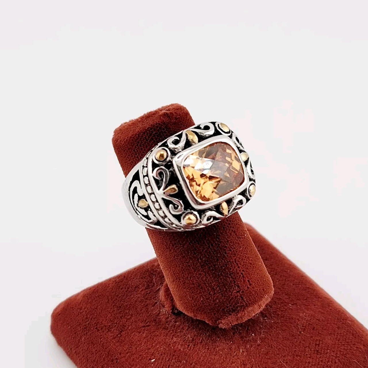 Vtg Ring Sz 6 Citrine Topaz Amber Cubic Zirconia Medieval Jewelry Flower A#04