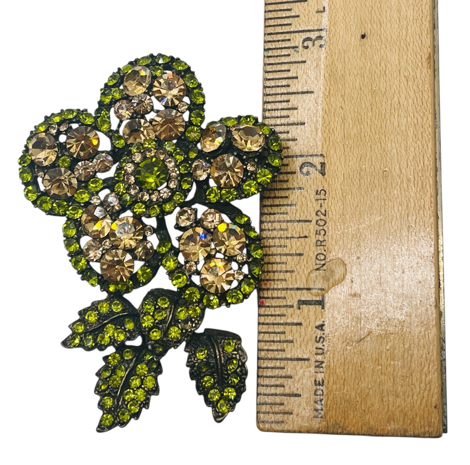 Vintage 1980’s Champagne & Olivine Glam Large Flower Glass Rhinestone Brooch