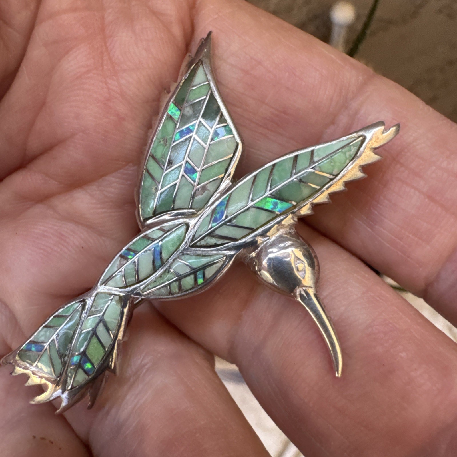 Vintage Sterling Silver Gaspeite+Opal Green Inlay Hummingbird PENDANT or BROOCH