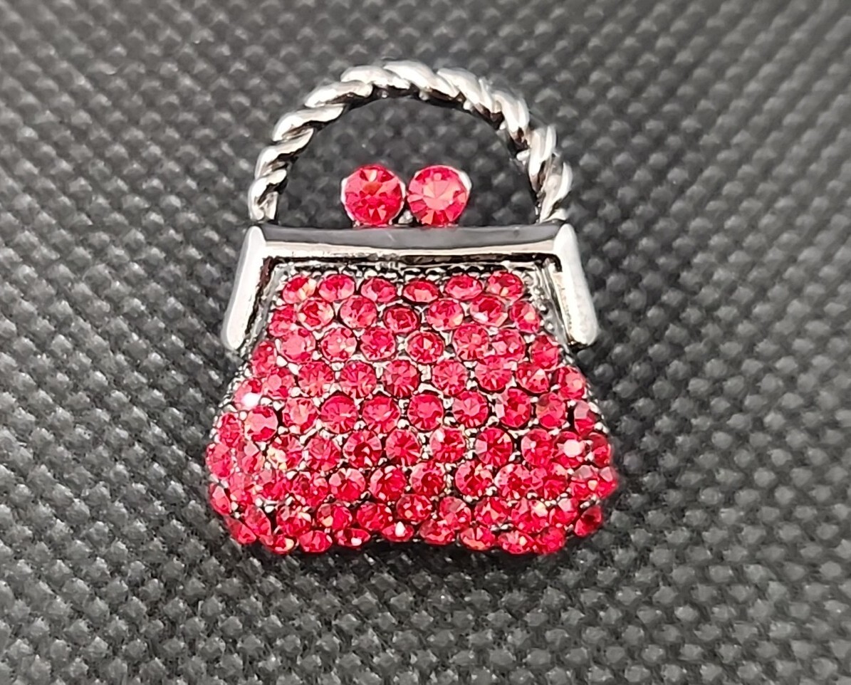 Gunmetal Silver Tone Red Rhinestone Mini Purse Small Brooch Pin Unsigned
