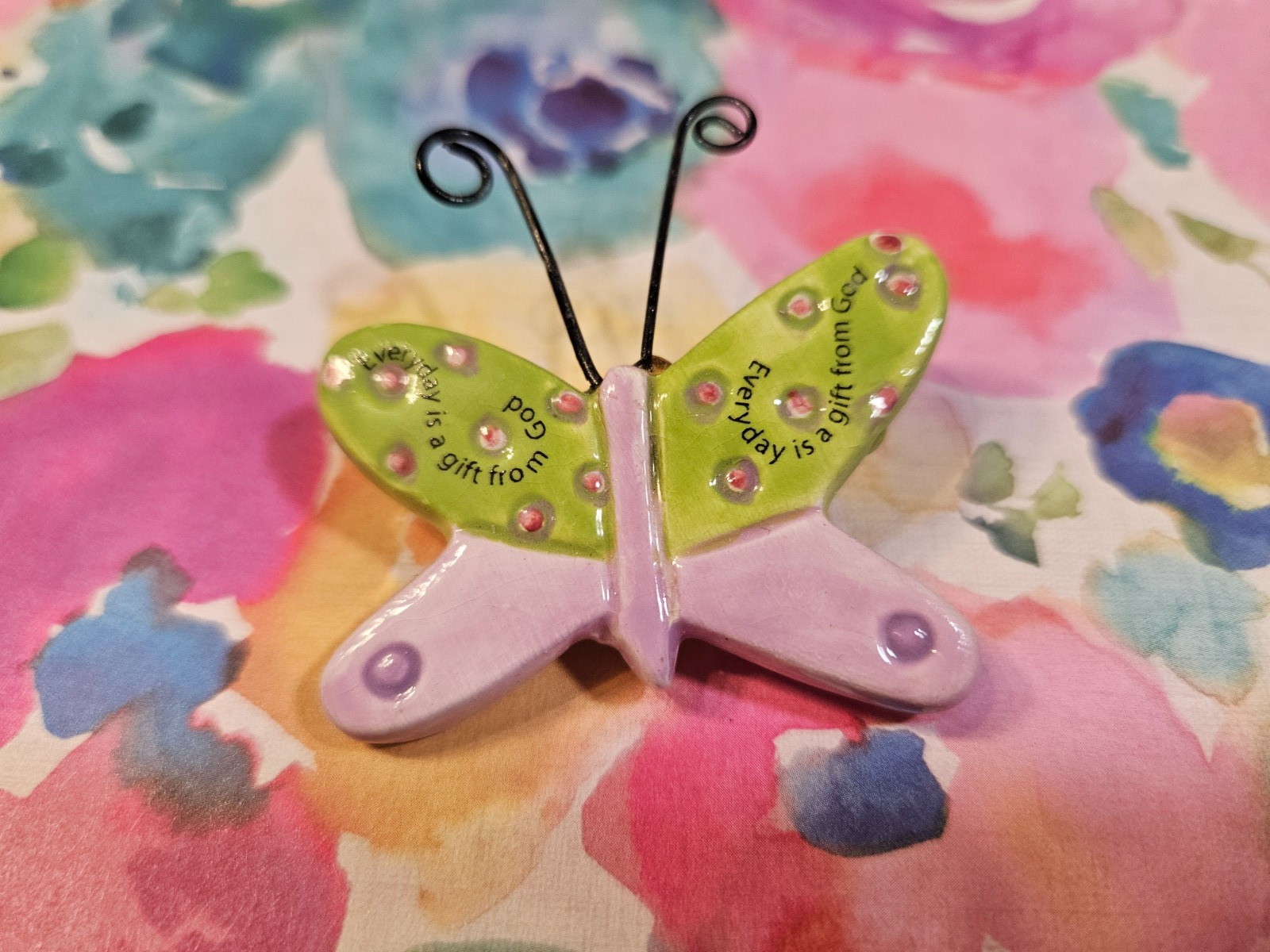 Vintage Ceramic Butterfly Brooch Purple Lime “Every Day is a Gift From God”