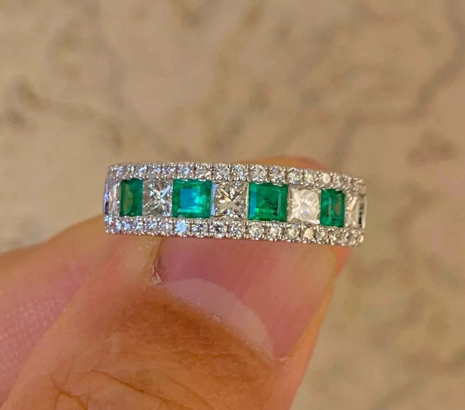 3Ct Art Deco style Lab Created Diamond Emerald Engagement 14K White Gold FN Ring