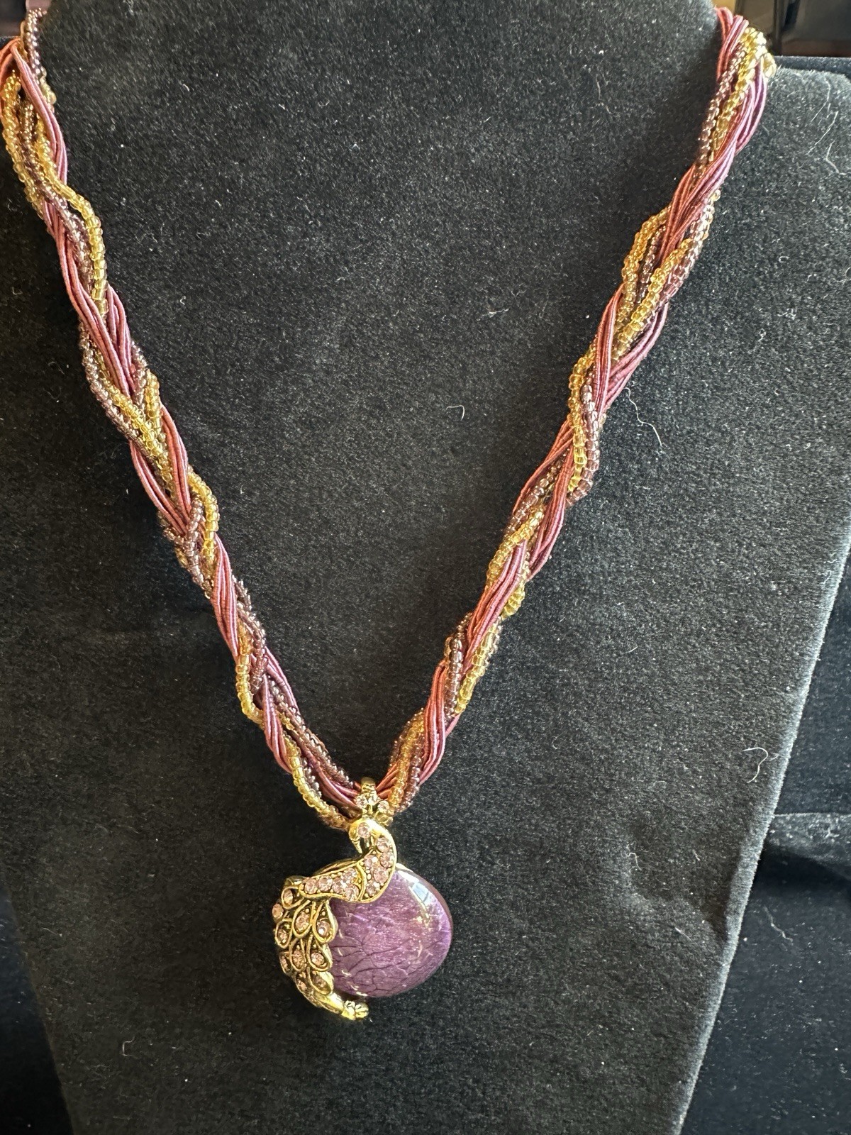 Beautiful Vintage Peacock Pendant Necklace In Purple and Gold Tones 20” Long