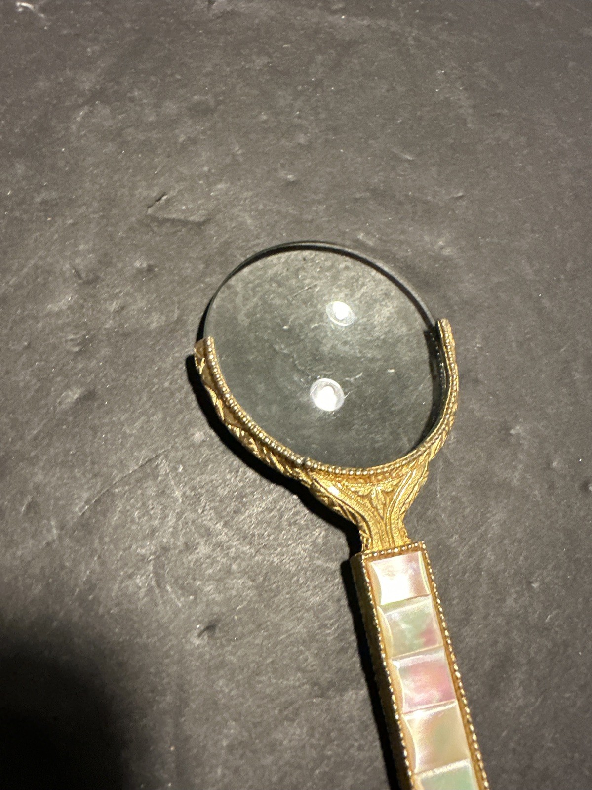 Art Deco Ornate Gold Mother of Pearl Magnifying Glass Circa 1920’s Measures 4#M4
