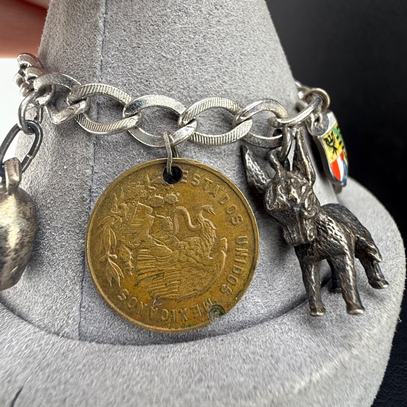 Vintage Travel Coin Charm Bracelet Europe Mexico Some 800 Silver 6.5”