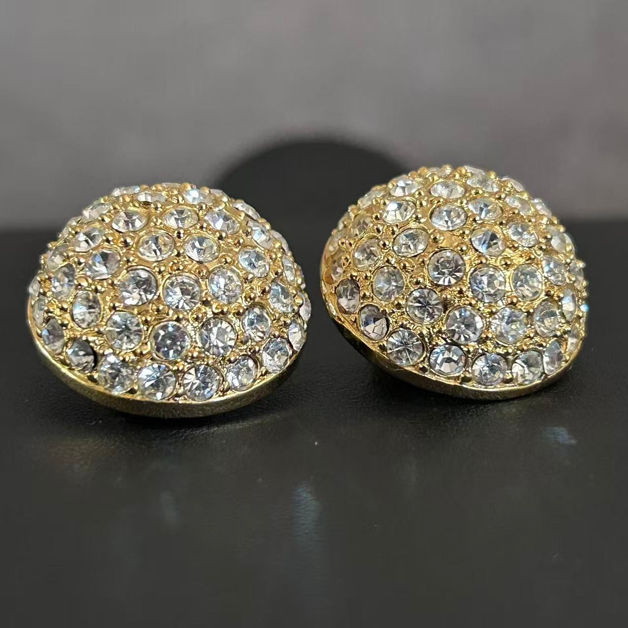 Vintage 1980s Gold Tone Pave Rhinestone Dome Clip On Earrings Snowball Statement
