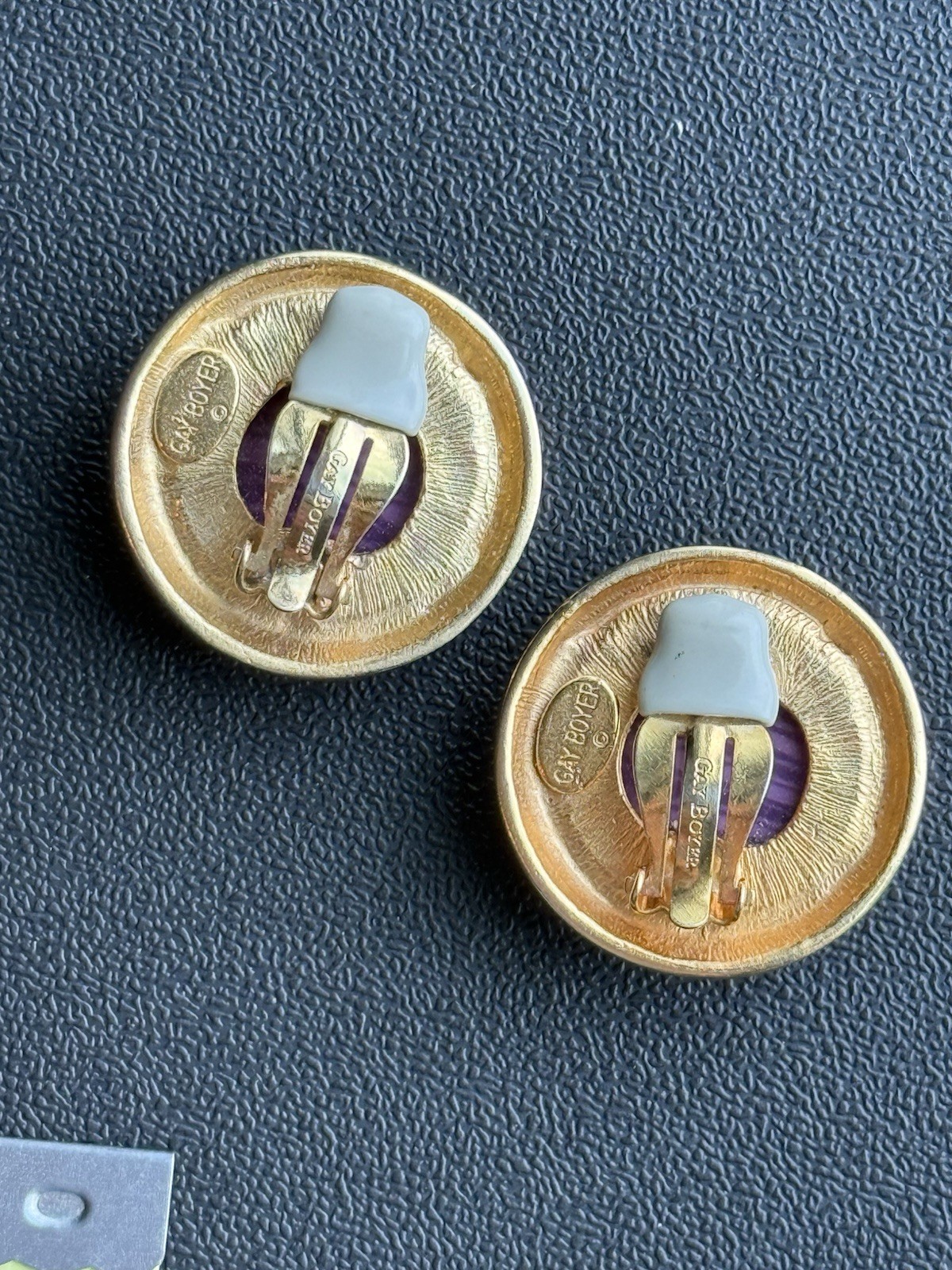 Vintage Designer Gay Boyer Earrings Purple Dome Gold Tone Large Clip On A