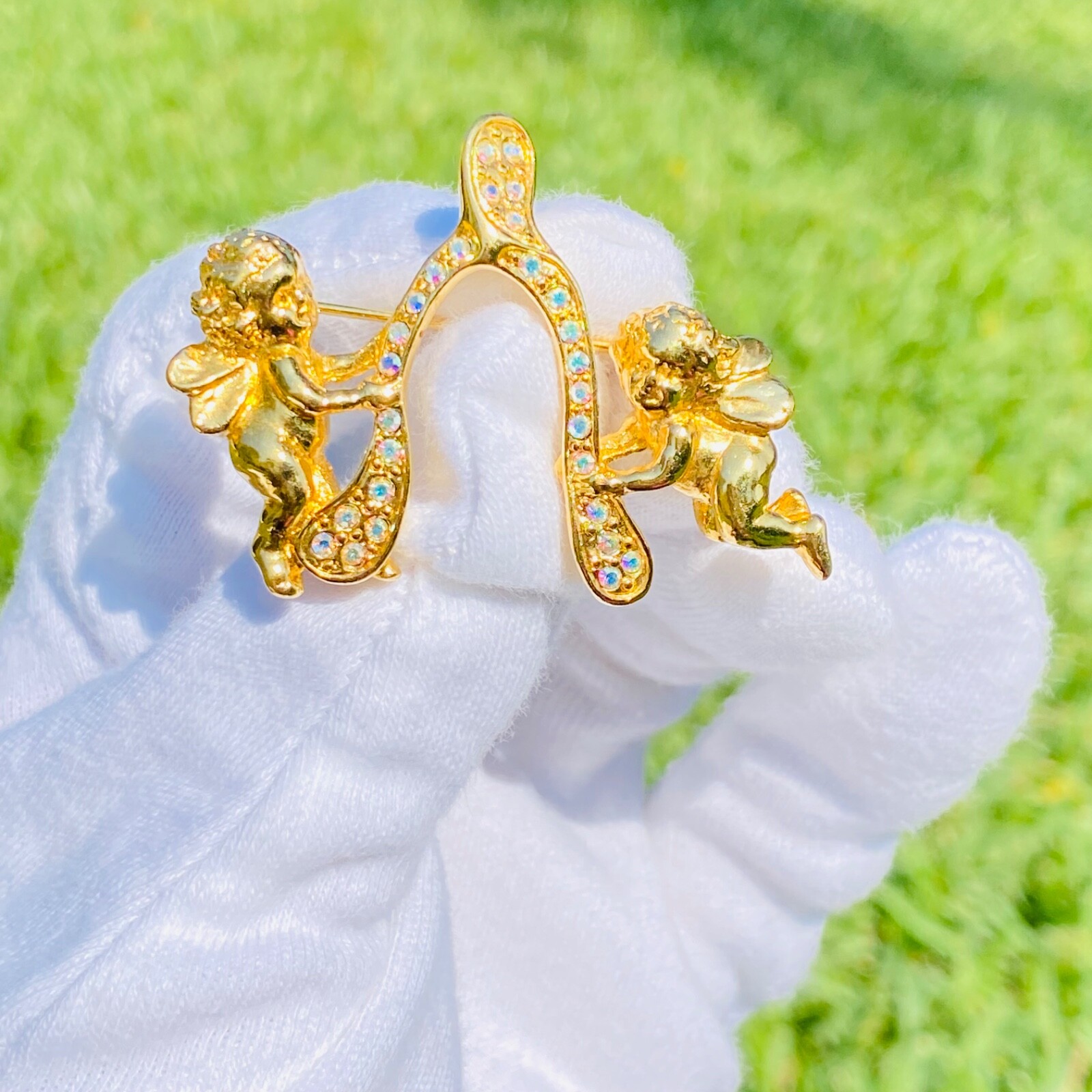 Sparkling Kirk’s Folly Signed Gold Tone Angel Cherub Wishbone Brooch Pin