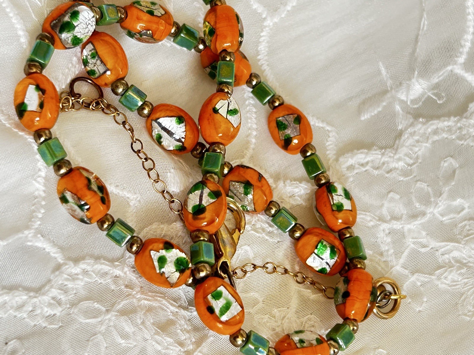 Vintage Orange Foil Art Glass Bead Necklace Green Spacers Murano Style Italy