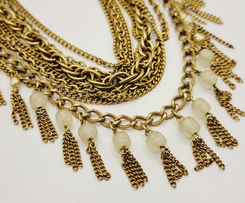 Fringe Necklace Vintage 8 Layers Layered Gold tone Multichain Beaded 16.5″