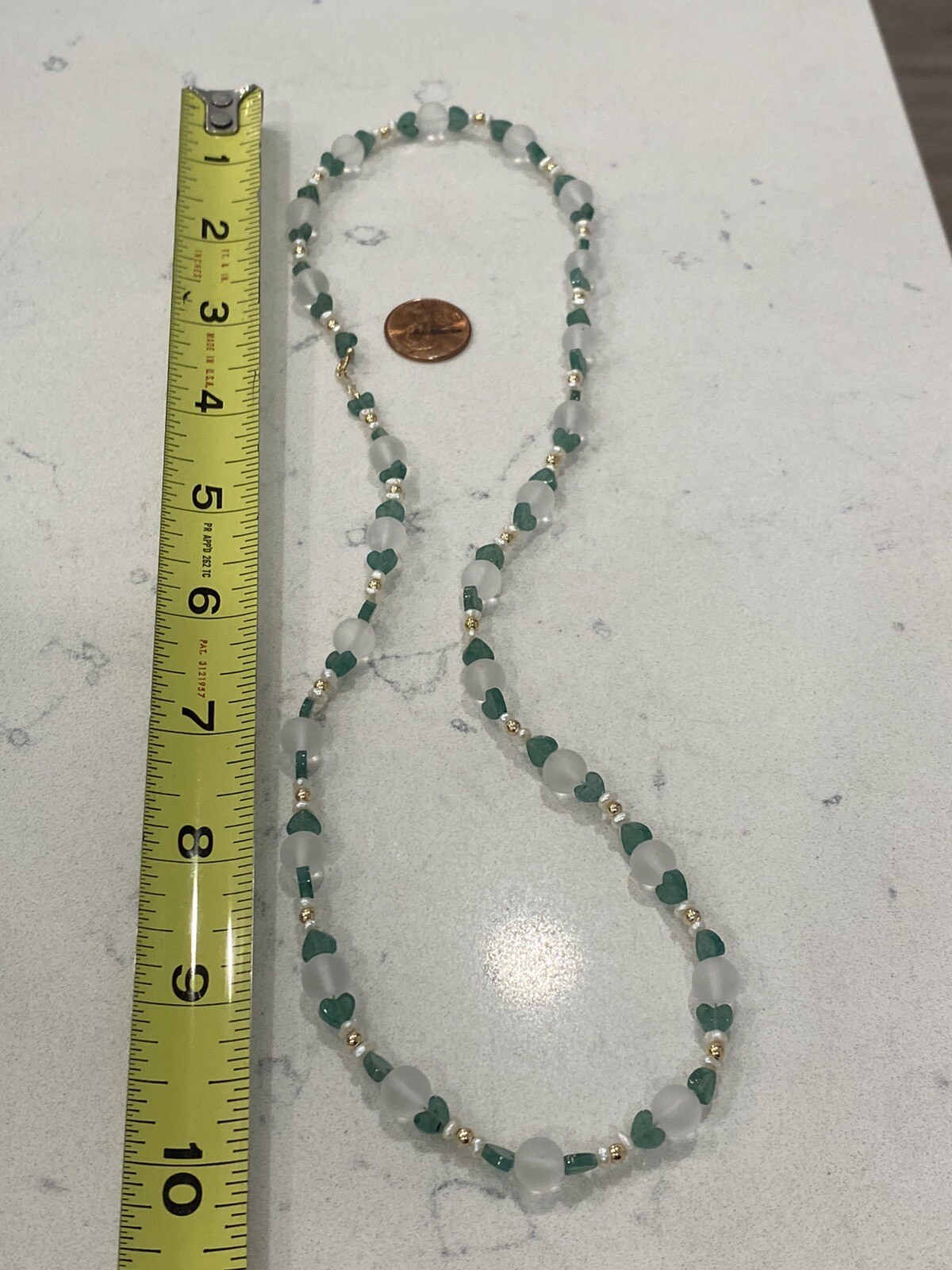 14K Gold, Emerald Hearts, Clear Round Quartz, Pearls & Gold Beads Clasp Necklace
