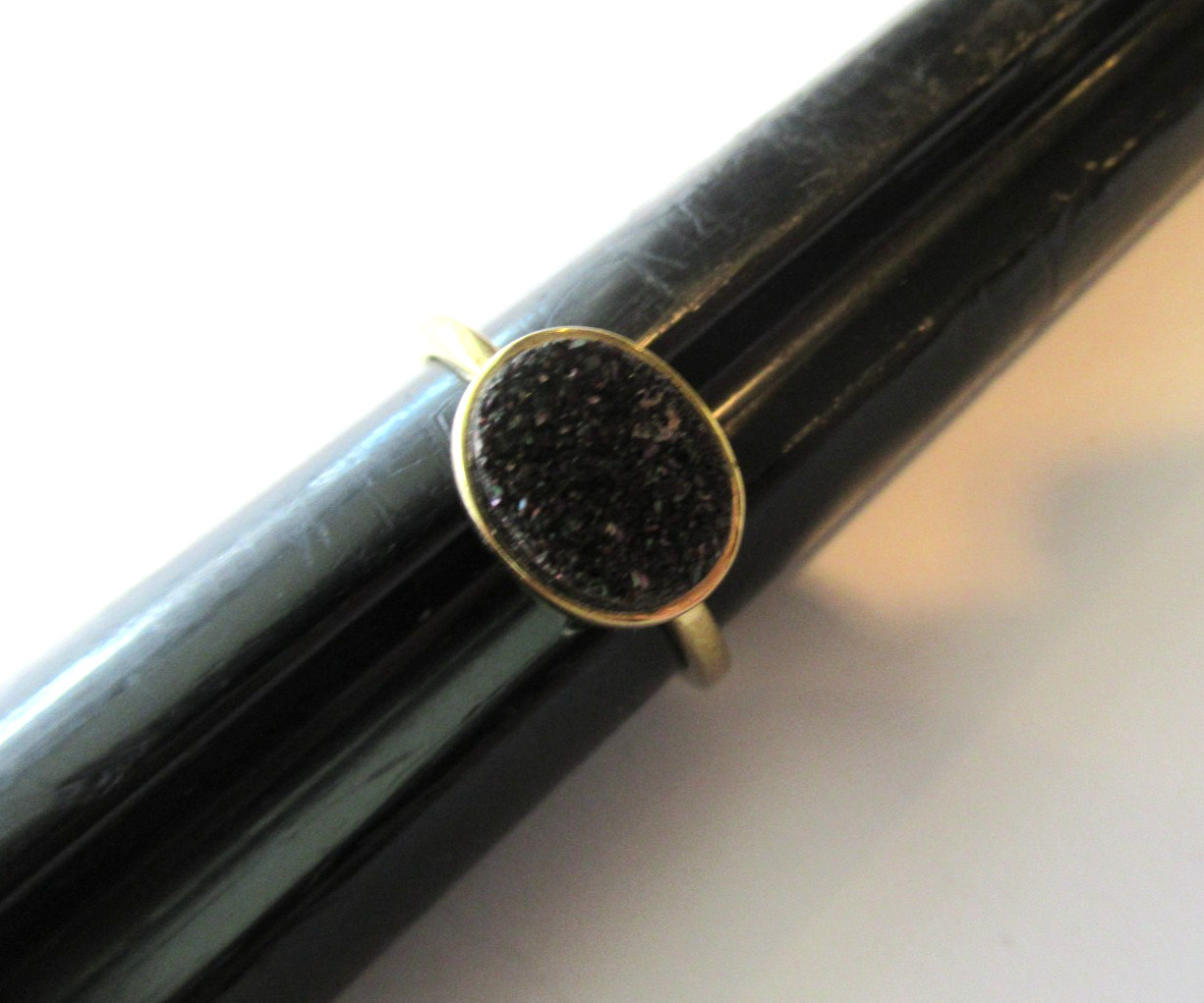 Oval Bezel set Black Geode Gold Plate Ring Size 7