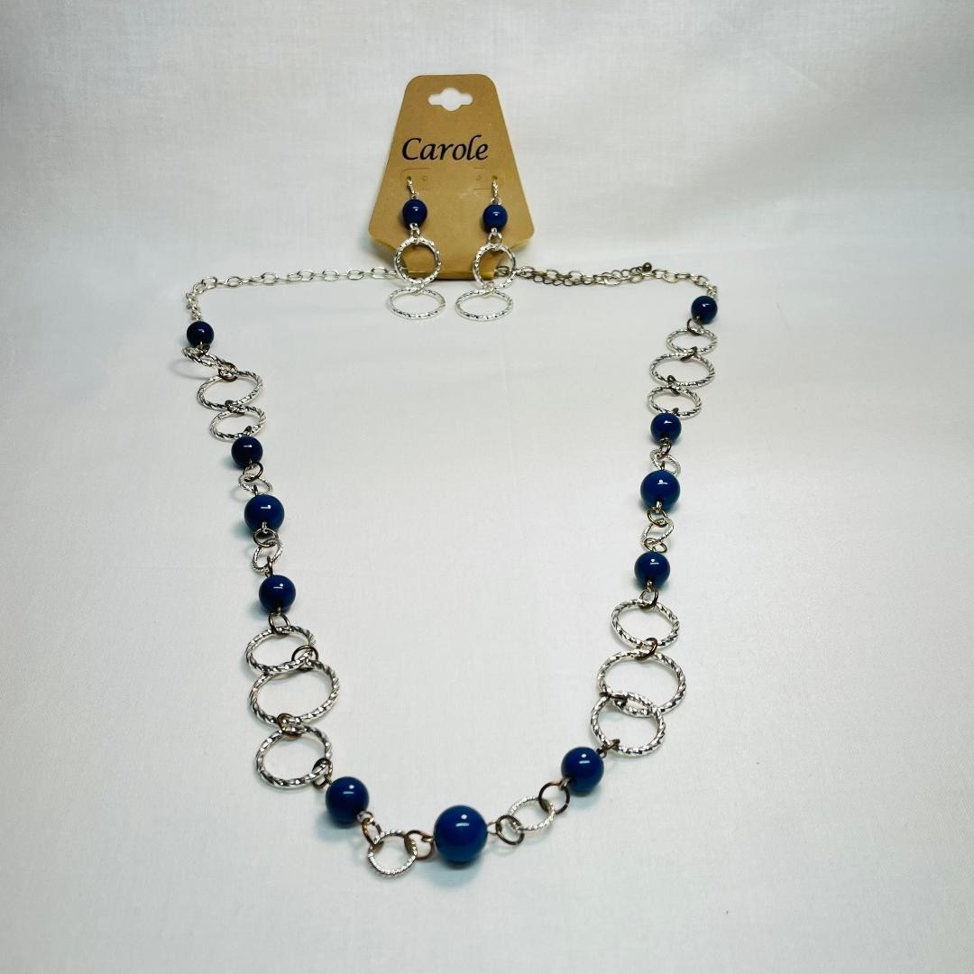 NEW Carole Silver-Toned Fish Hook Hoop Earrings Necklace Blue Beads Size Descrip
