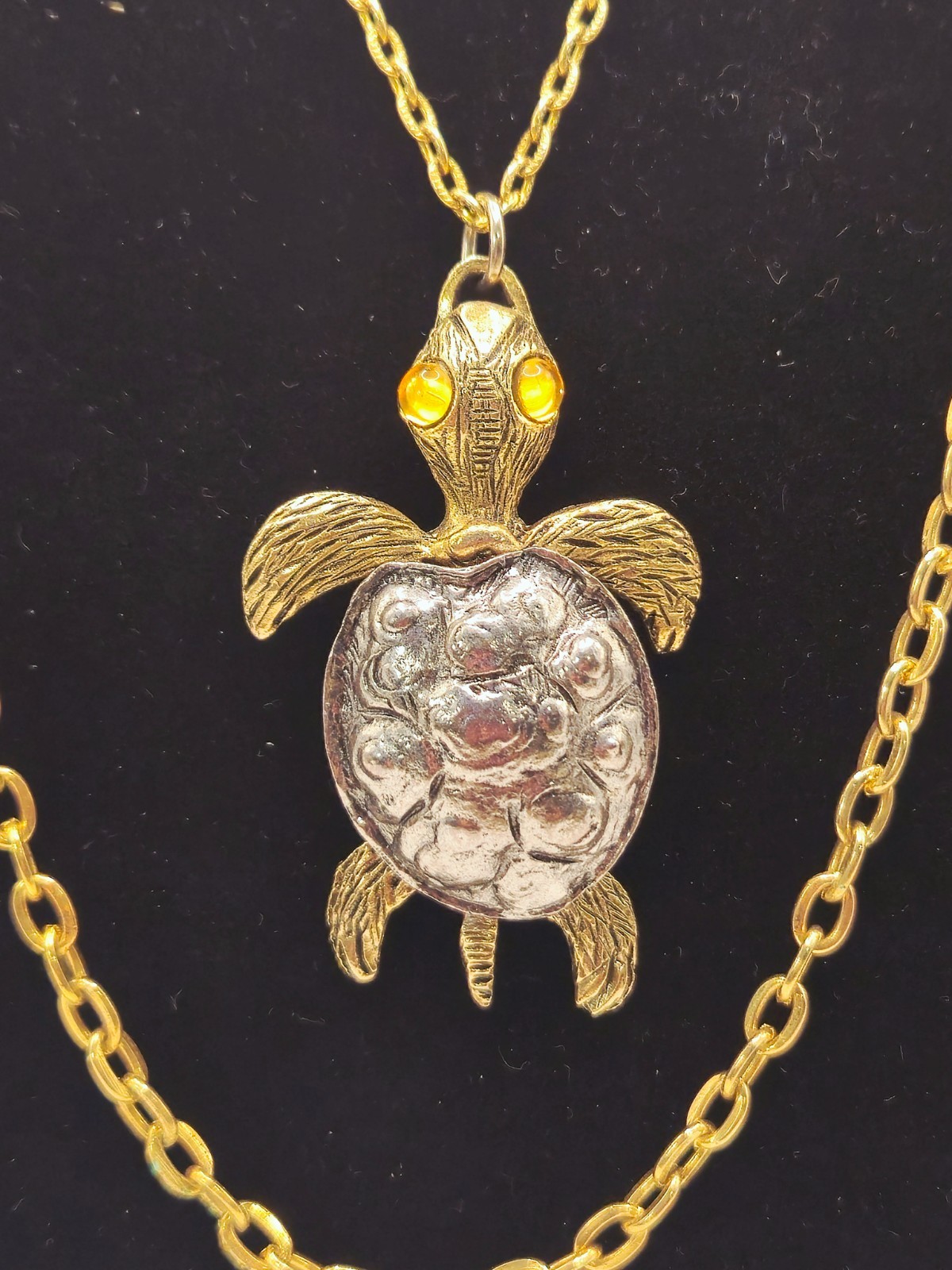 Vtg Articulated Turtle Pendant Gold/Silver Tone Shell Amber Eyes