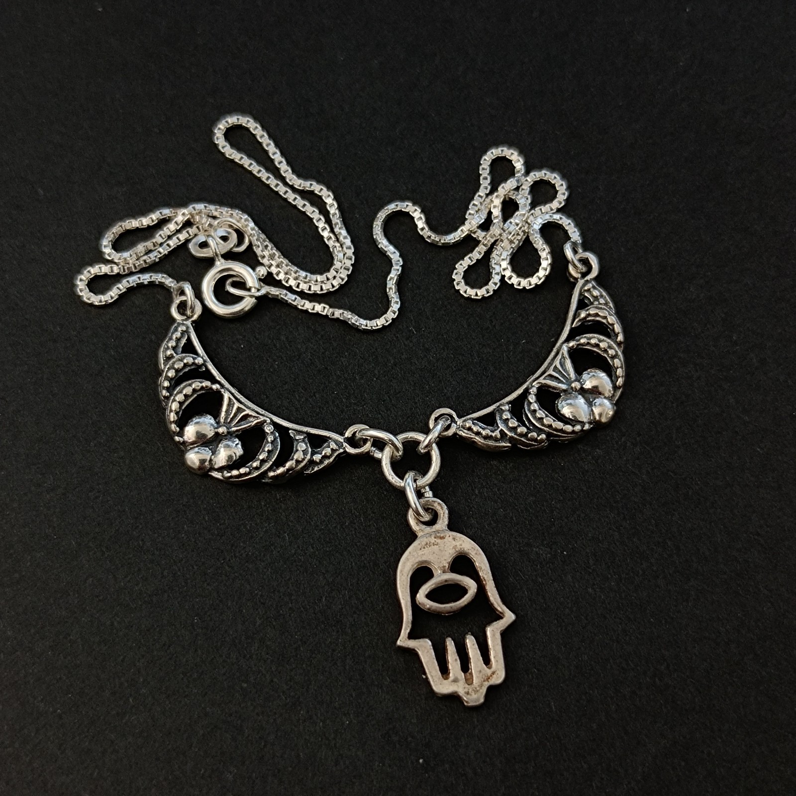 Sterling Silver Hamsa Necklace Hand of Fatima Vintage Ethnic Bib Spiritual Gift