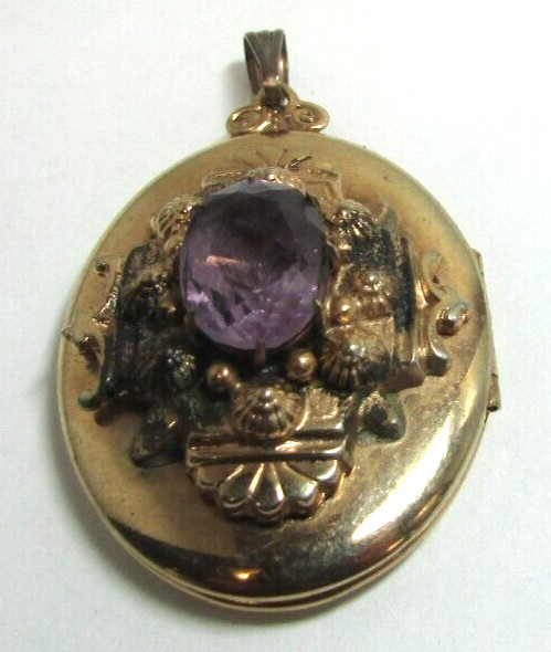 Vintage Art Deco Unmarked Gold Filled Oval Purple Stone Locket Pendant