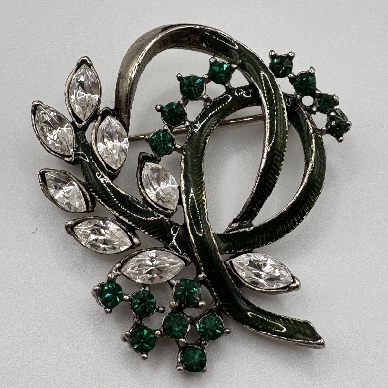 Floral Ribbon Swirl Green Clear Rhinestone Silvertone Brooch Pin
