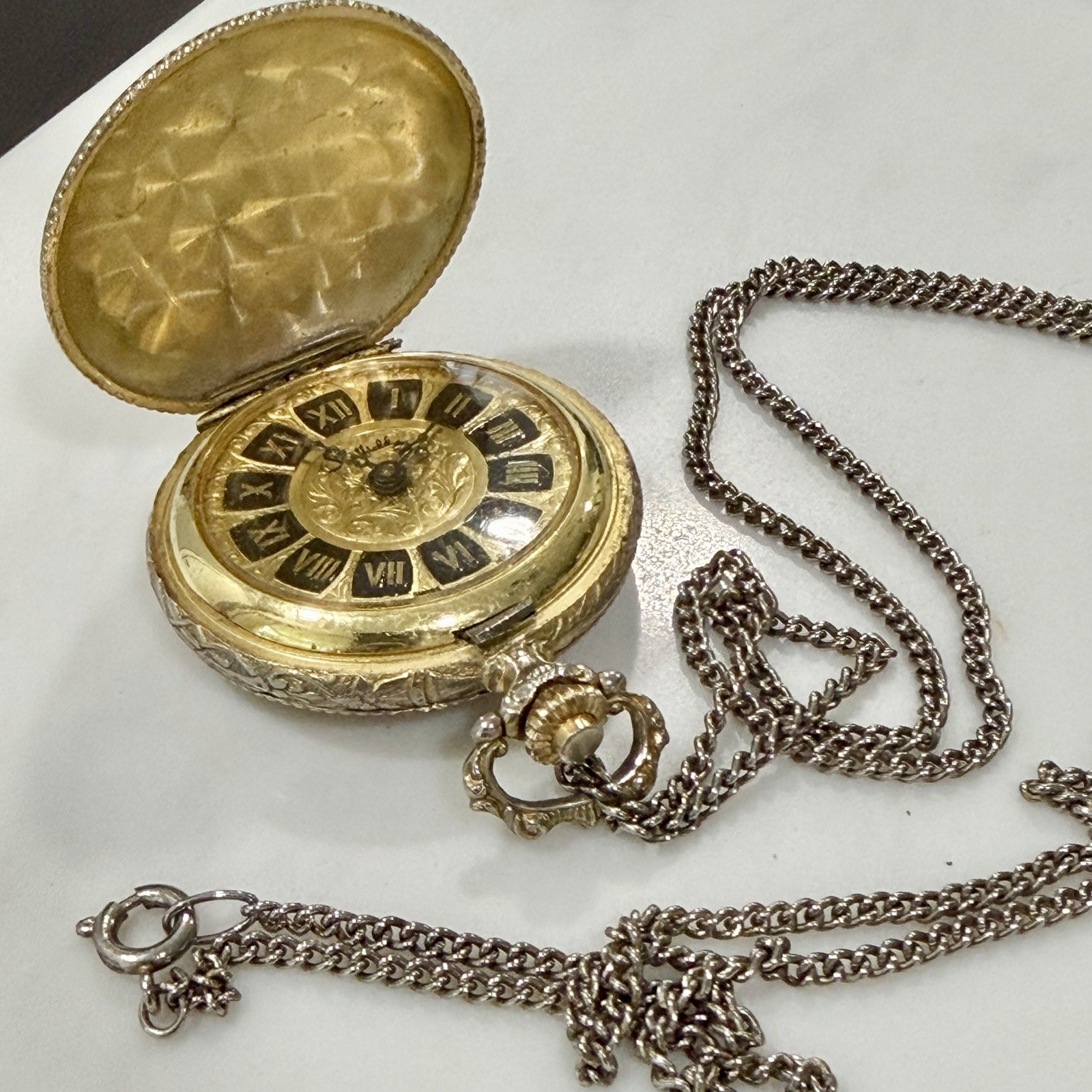 Vintage Sheffield Manual Wind Necklace Pocket Watch Two Tone RUNS!