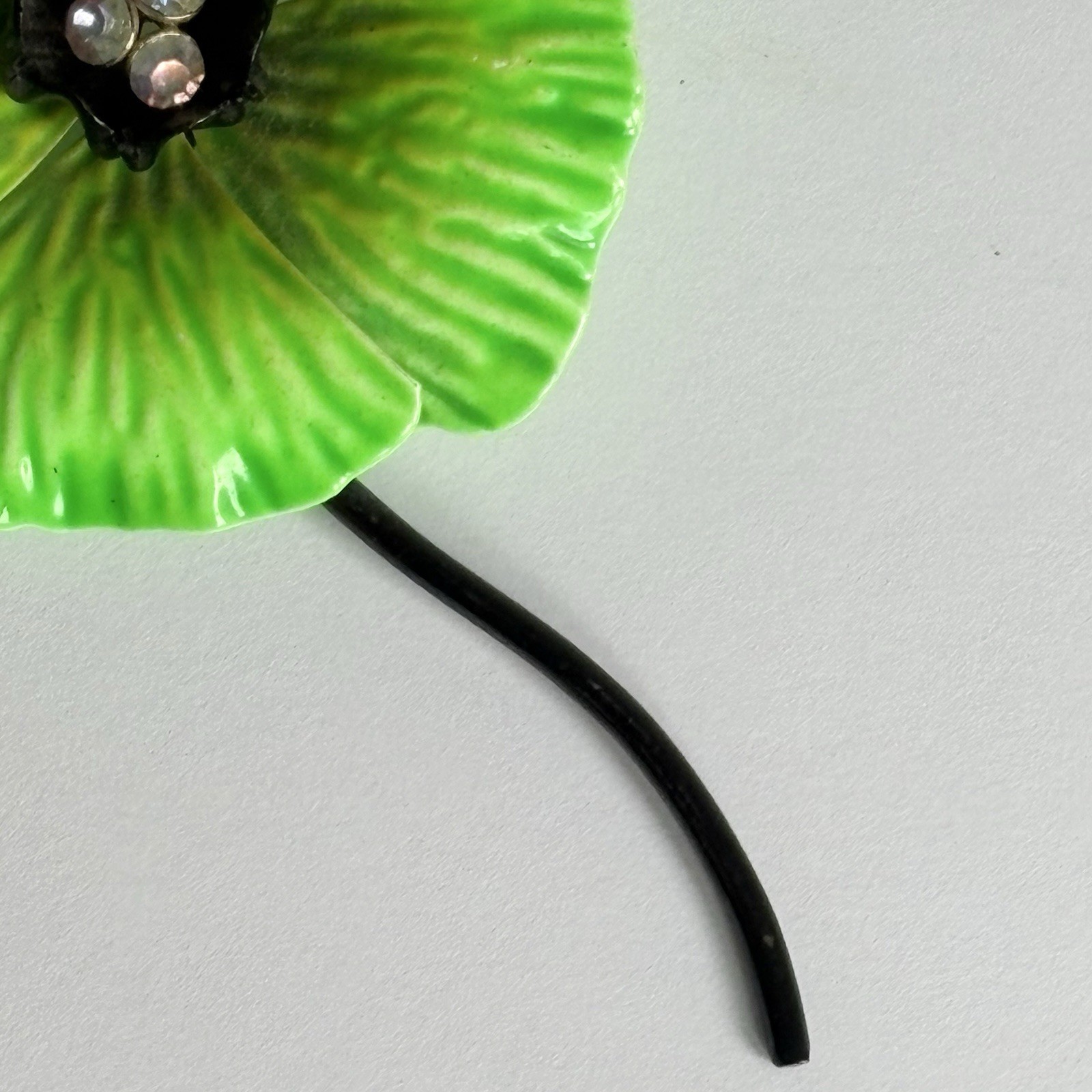 Mod Vintage 1960’s Lime Green Enamel & Rhinestone Poppy Flower Brooch Pin