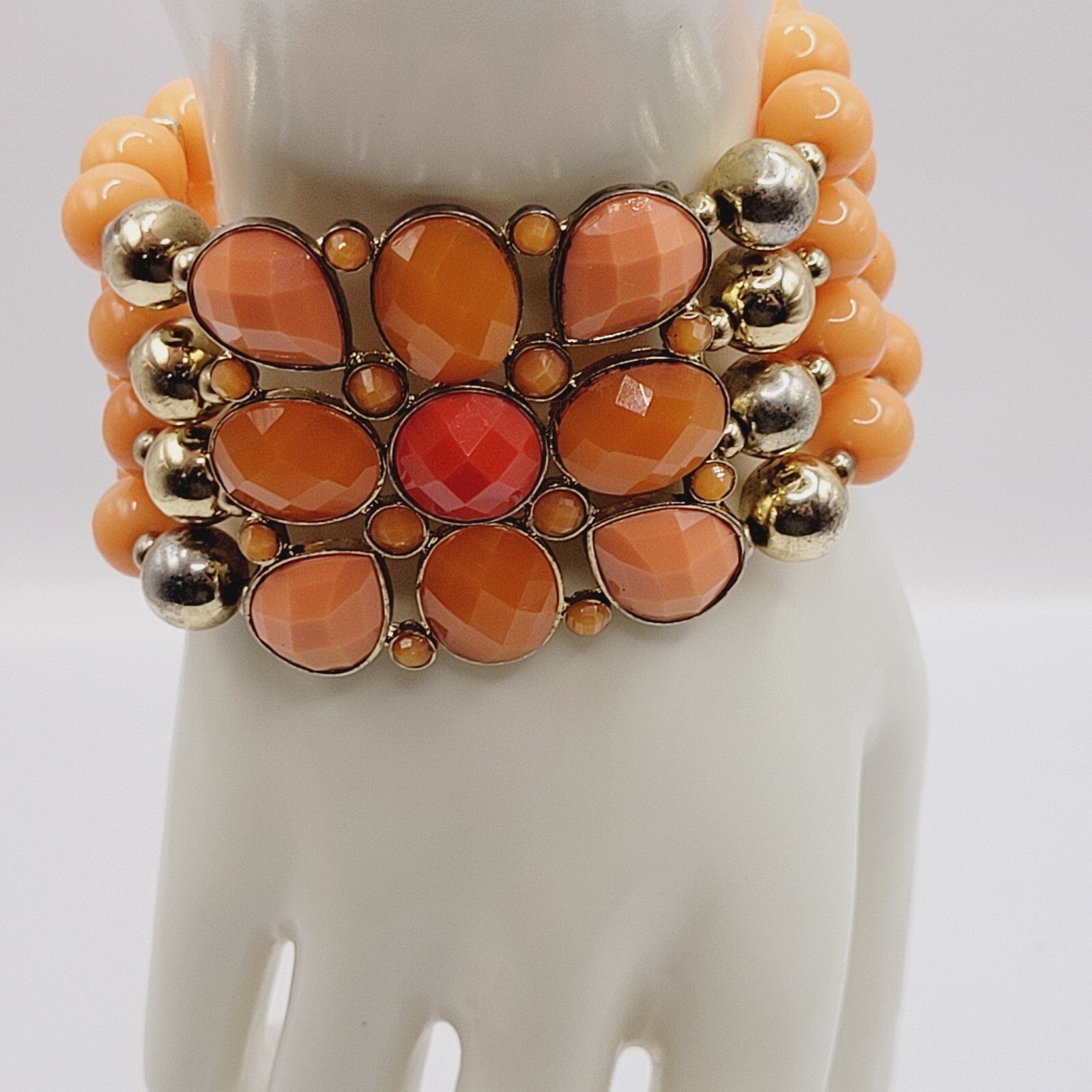 Orange Sherbet Melon Shade Wide Chunky Stretch Beaded Bangle Vintage Bracelet
